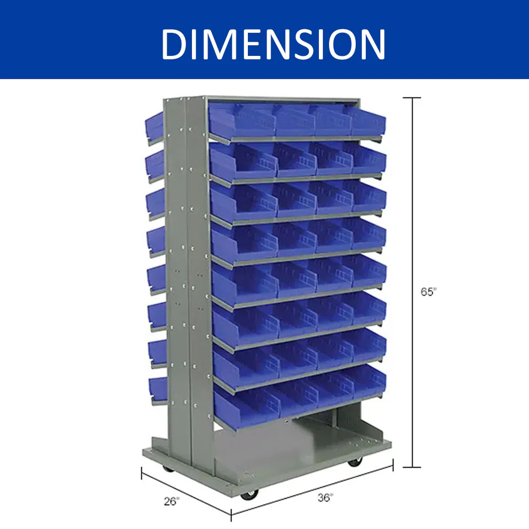 16 Shelf Double-Sided Mobile Pick Rack - 64 Blue Plastic Shelf Bin Storage Rack 8