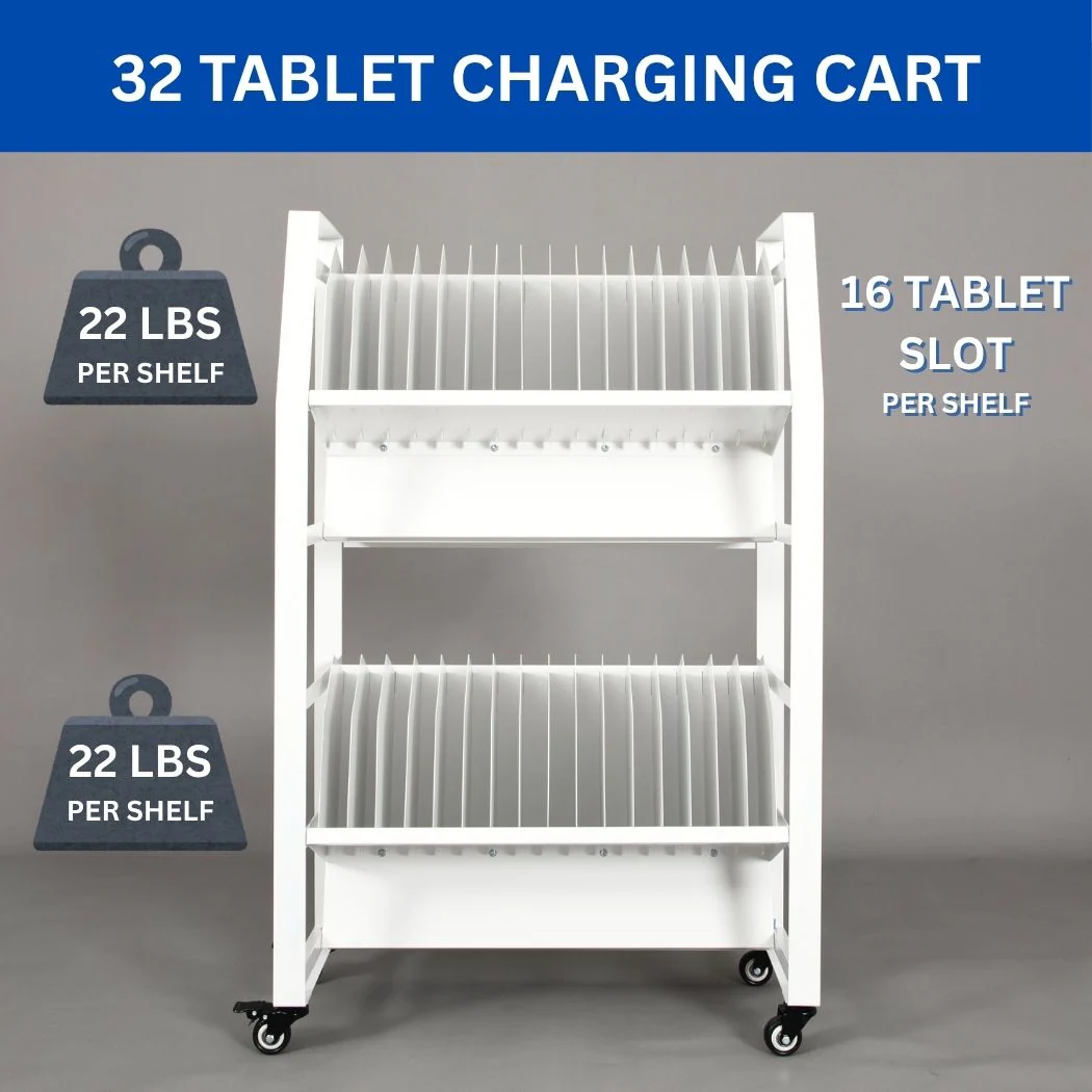 32-Device Open Charging Cart w/ Power Strips, 2 Shelves for Tablet Charging