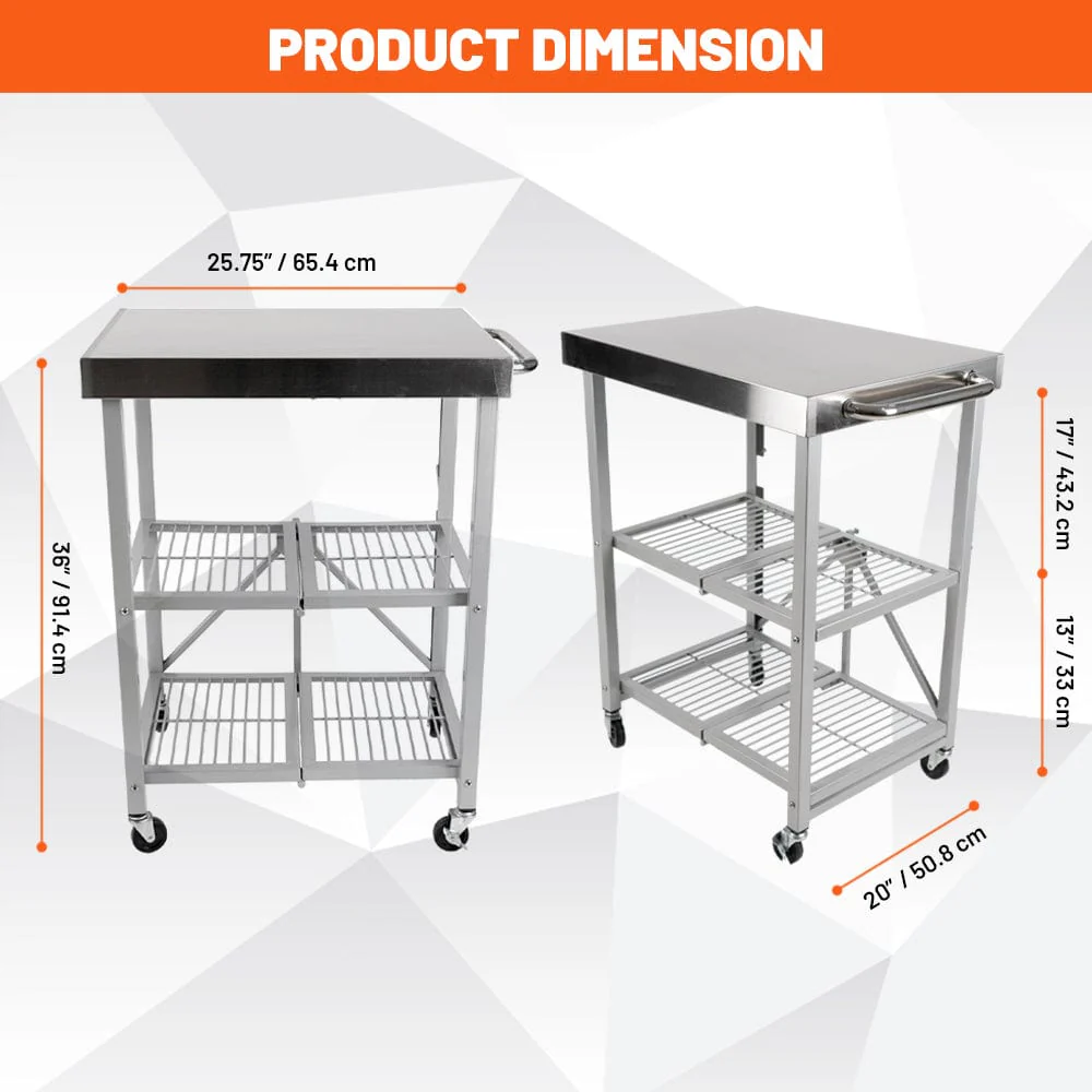3-Shelf Foldable Stainless Steel Kitchen Cart 25.75