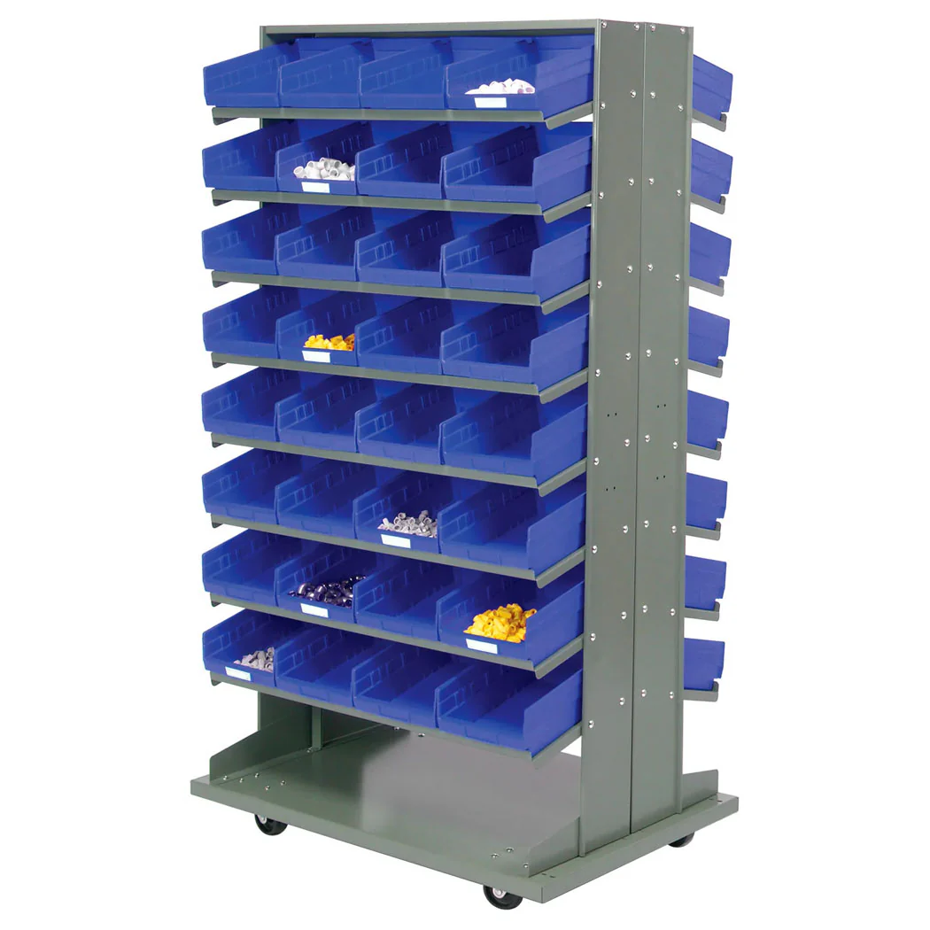 16 Shelf Double-Sided Mobile Pick Rack - 64 Blue Plastic Shelf Bin Storage Rack 8