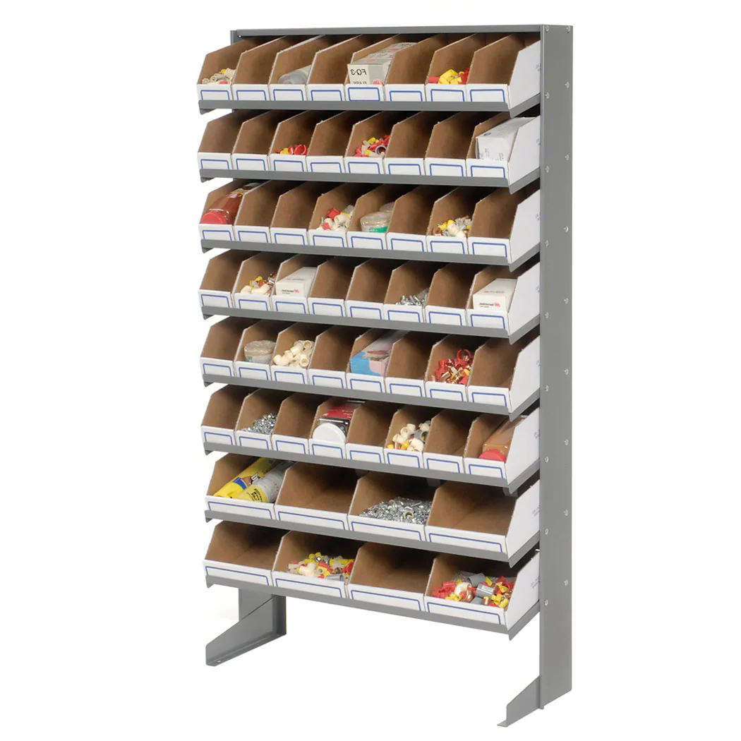 Floor Bin Storage Rack - 56 Corrugated White Bins No Print