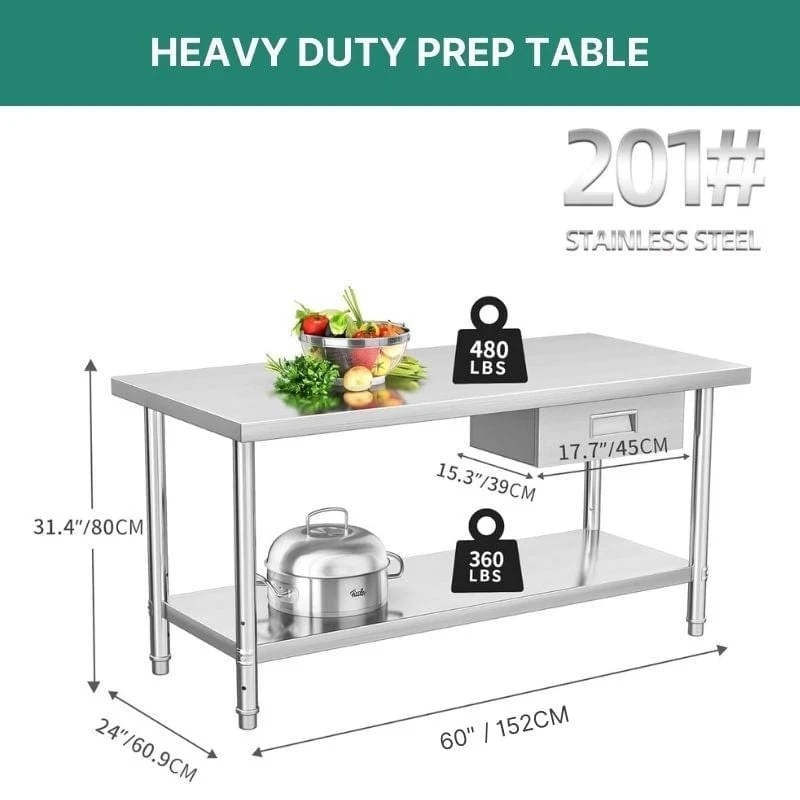 Stainless Steel Table with Drawer Storage, 60
