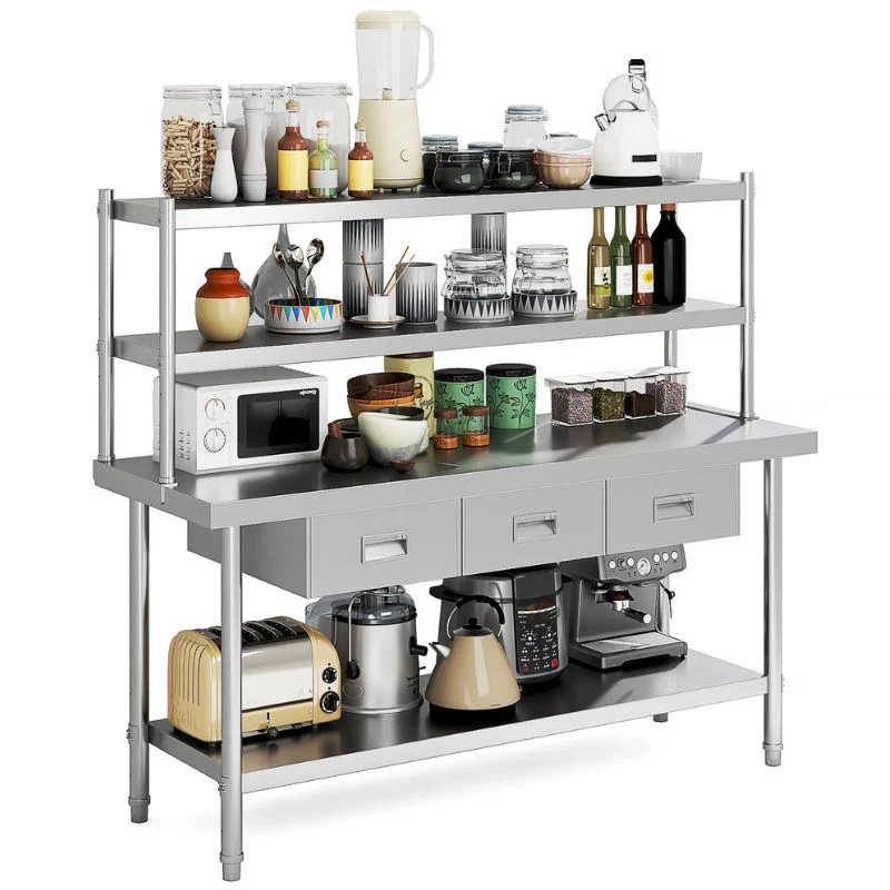 Stainless Steel Table with Overshelves & Drawers, 72