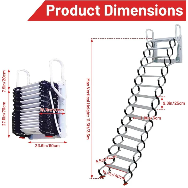 14 Steps Attic Ladder Wall-Mounted Folding Stairs, 11.5 FT
