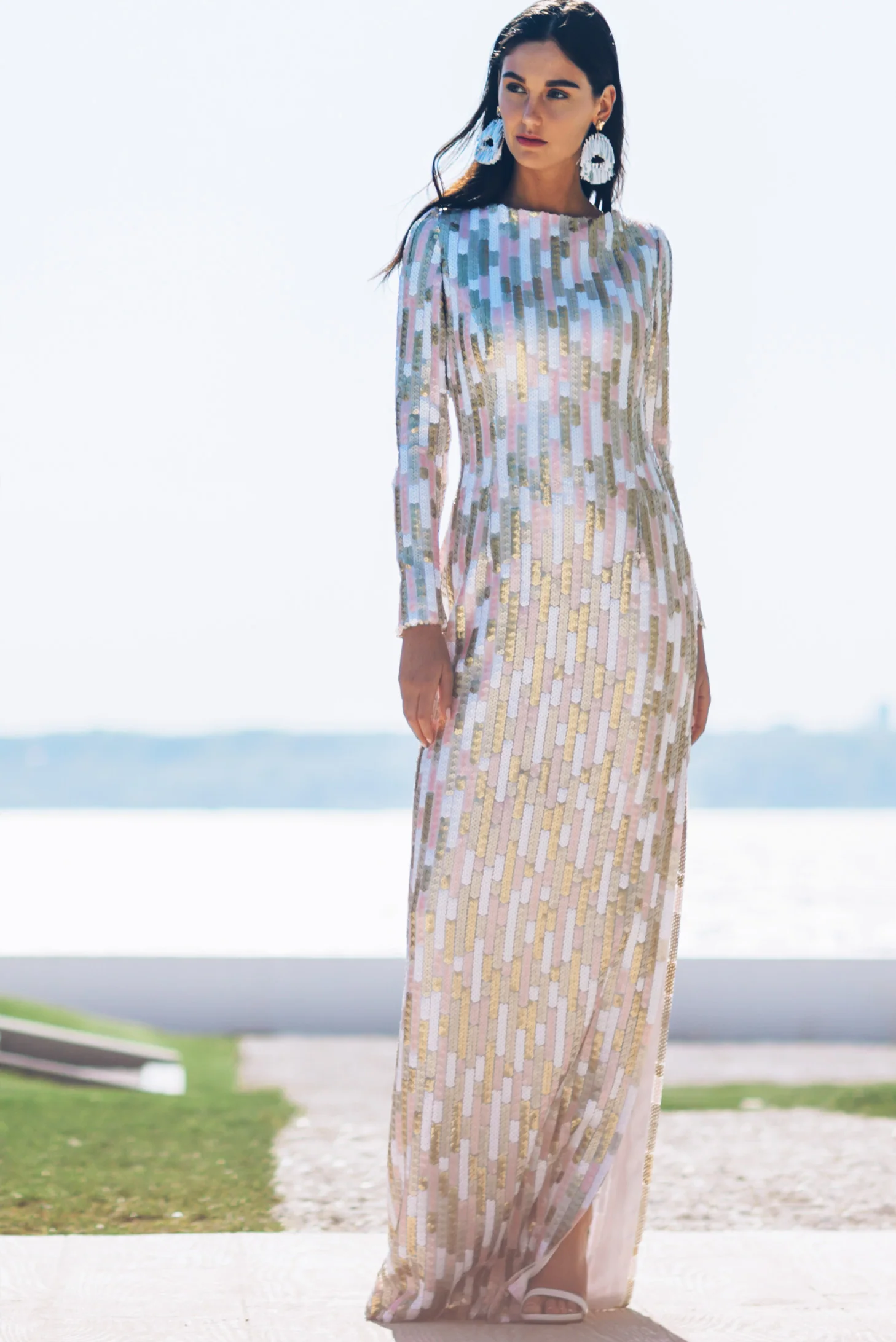 Long Sleeve Gown with Slit Detail in Klimt Inspired Sequin