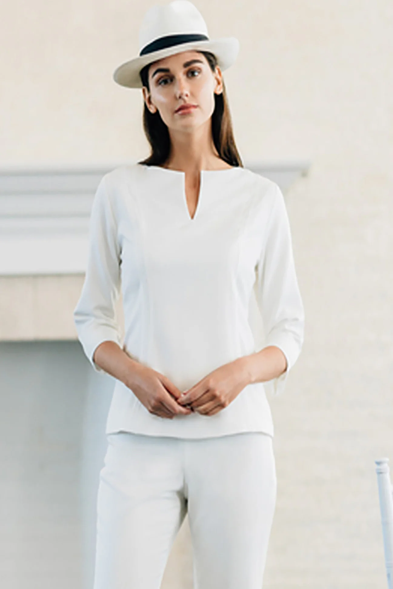 Demi V Neck Top with Insert Detail and Bracelet Length Sleeve