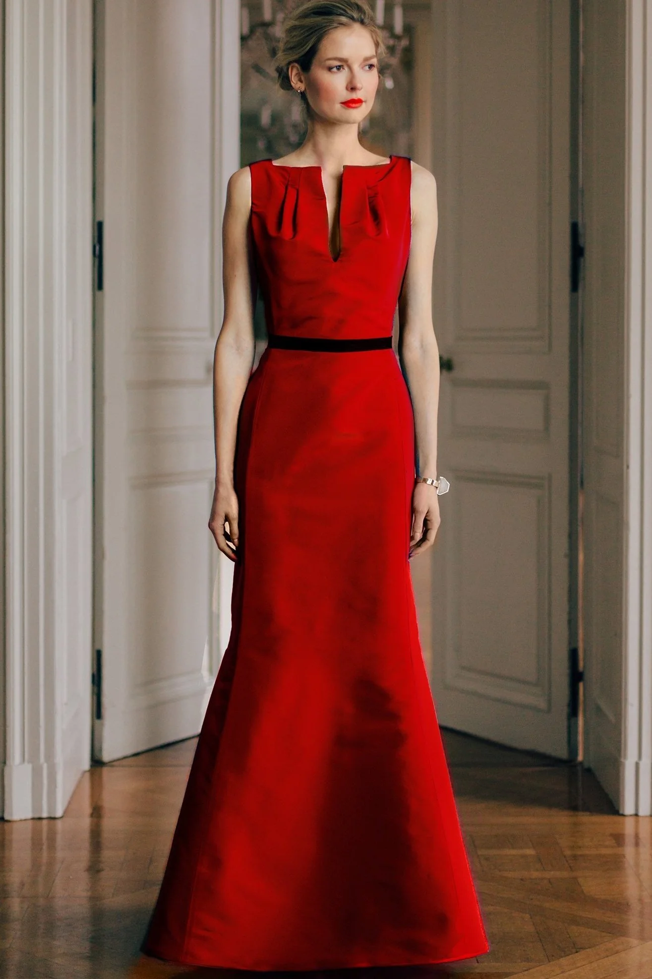 V Neck Pleated Gown in Silk Faille