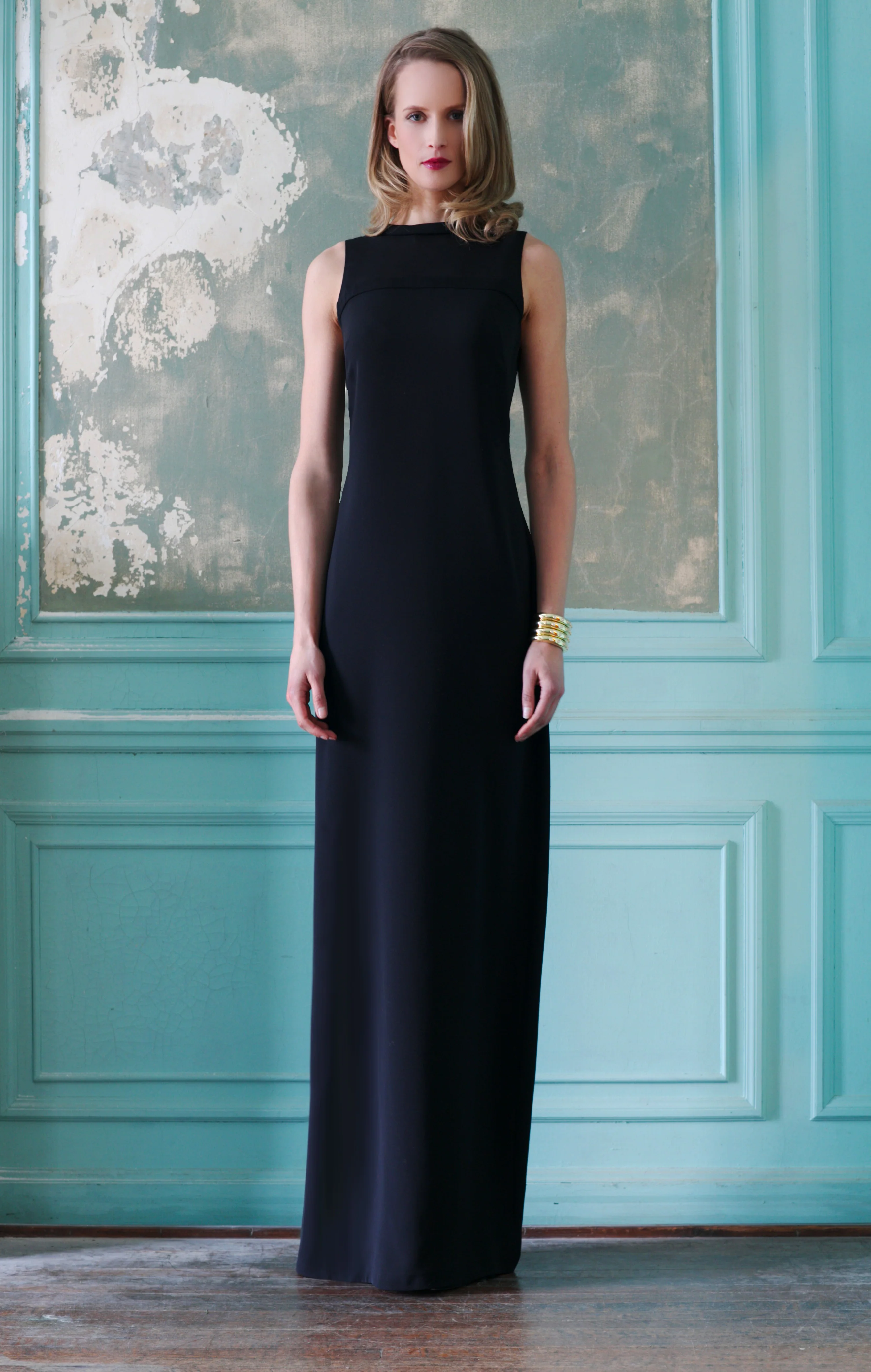 Column Gown with Yoke Seam Detail