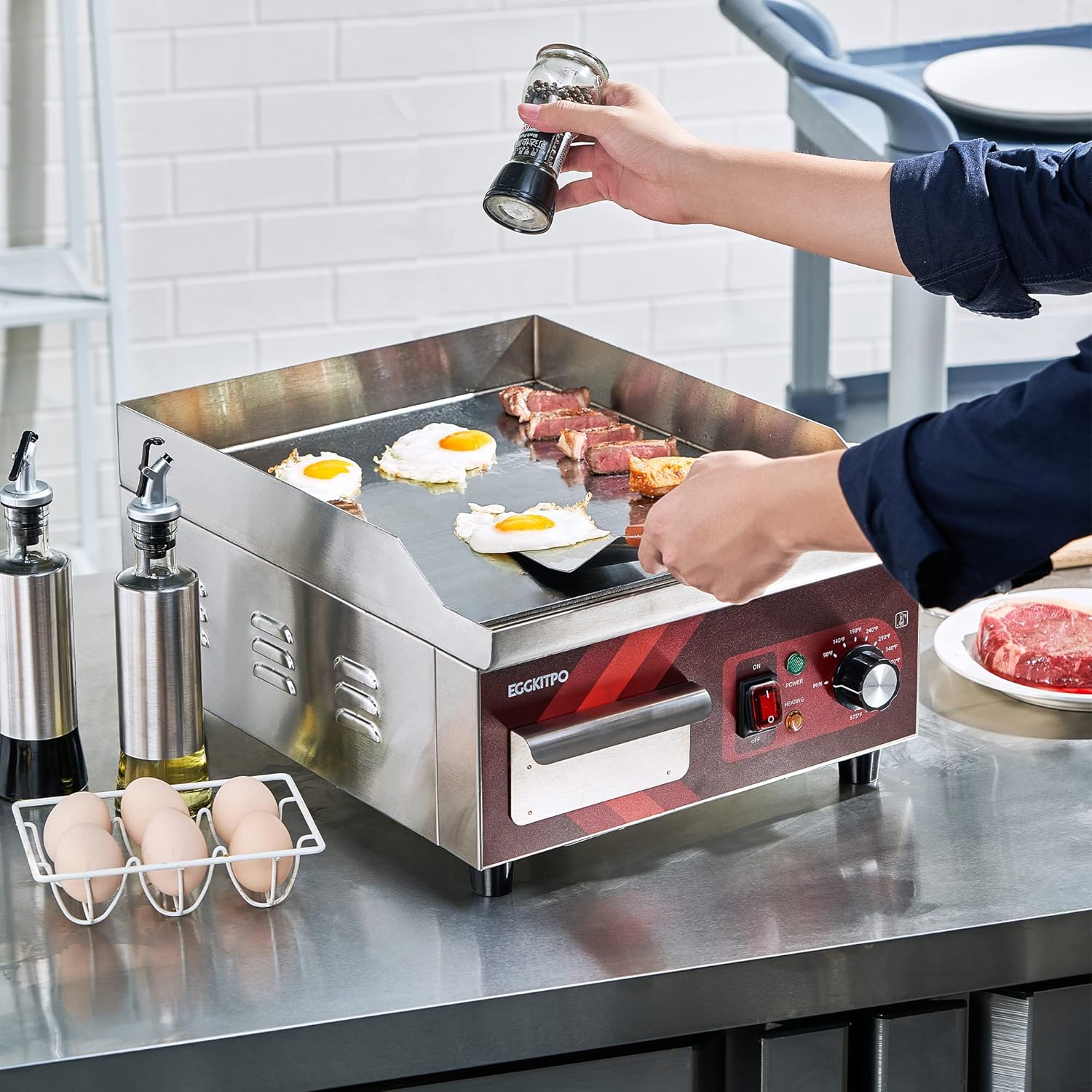 14 Inch Electric Griddle, Non-Stick Flat Top Grill Commercial Electric Countertop Griddles Stainless Steel Adjustable Temperature Control 90°F-575°F for Home or Restaurant Use