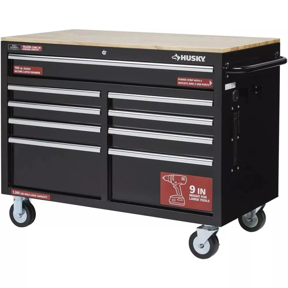 2025 46 in. W x 24 in. D 9-Drawer Gloss Black Deep Tool Chest Mobile Workbench