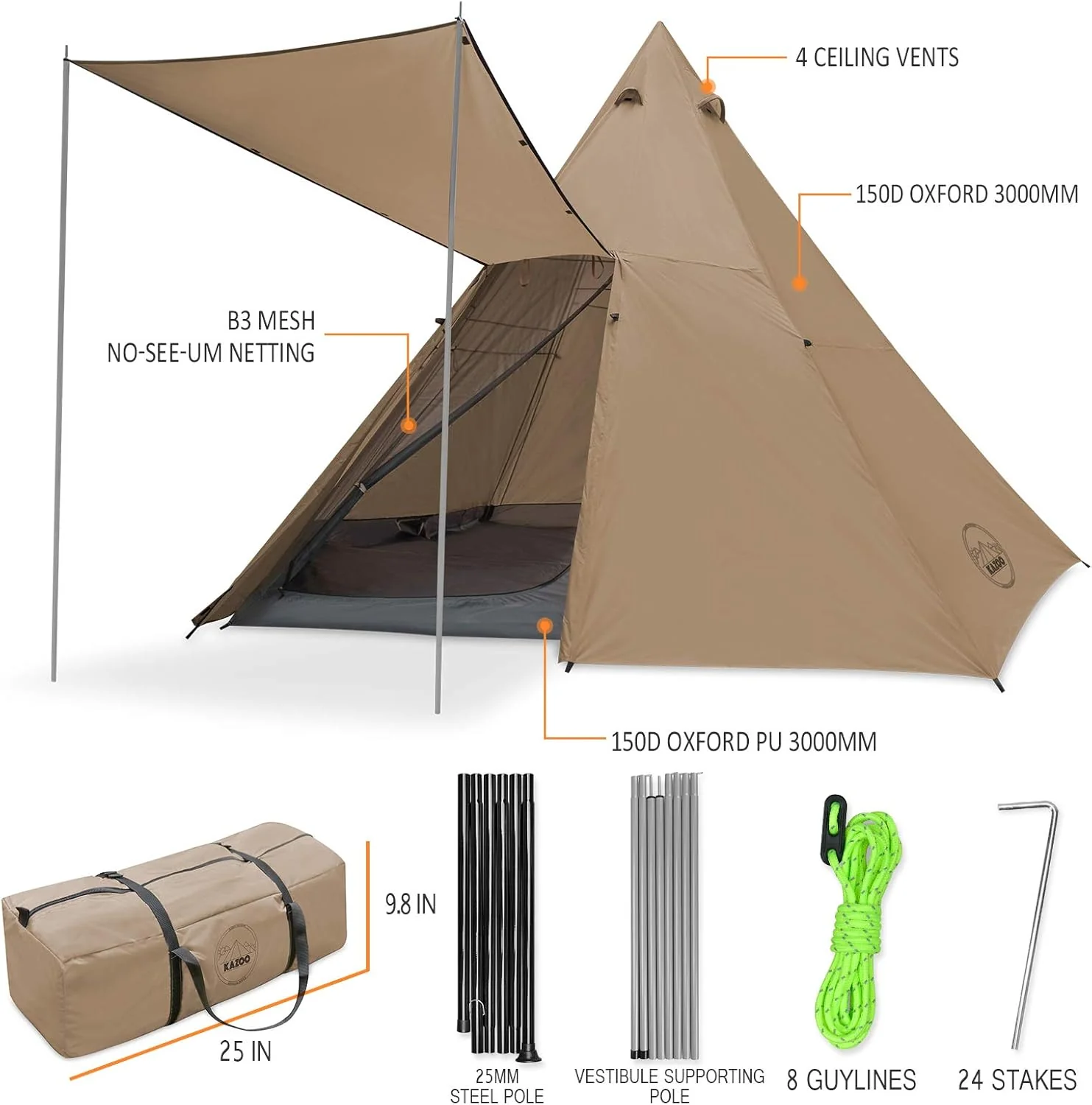 8 Person Waterproof Family Camping Tent Teepee Style Instant Setup