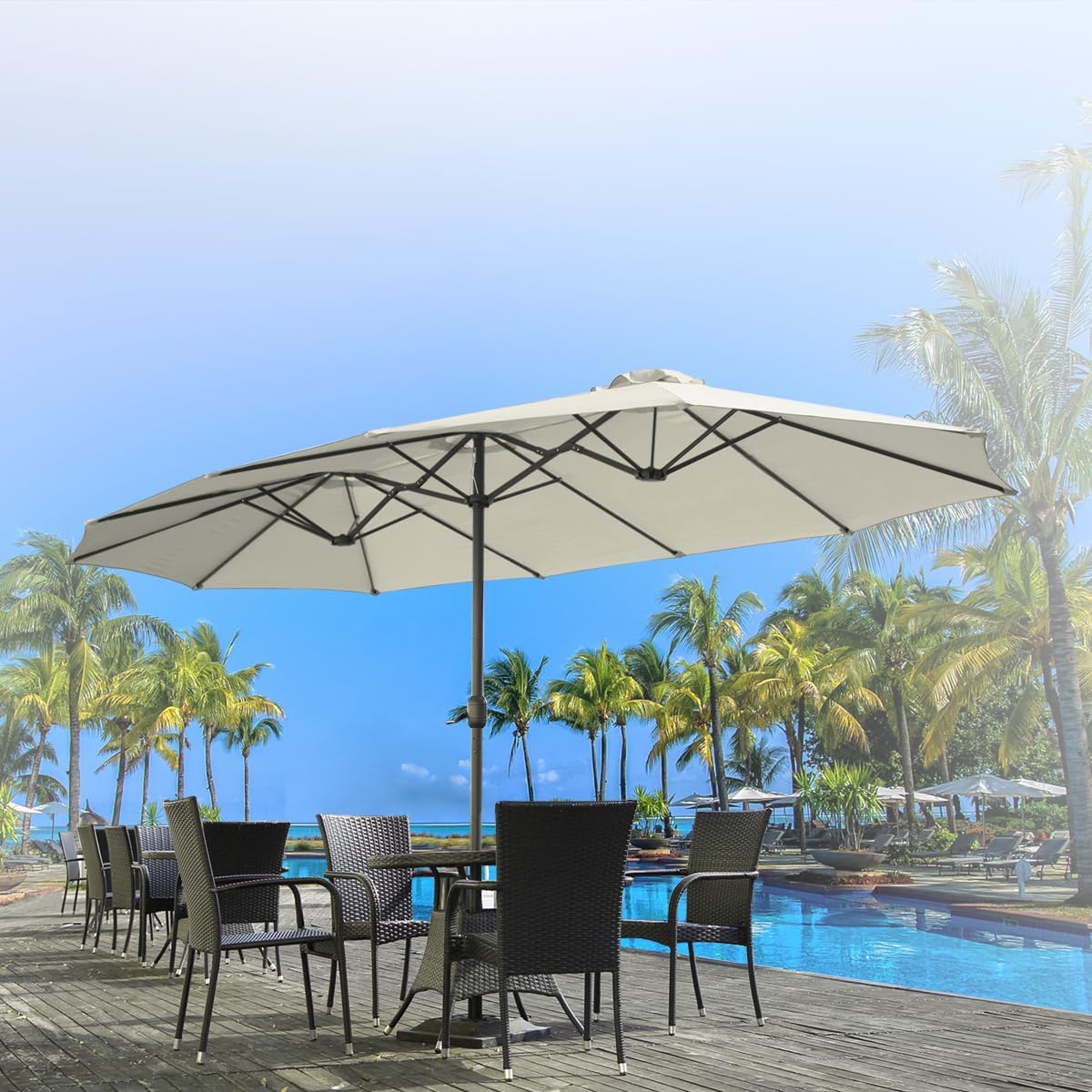 15ft Patio Umbrella with Solar Lights, Large Double Umbrella Outdoor, Rectangle 180''x106'' Umbrellas with 156 PCS LED Lights and Crank Handle for Backyard Deck Pool Shade in Black(1.9