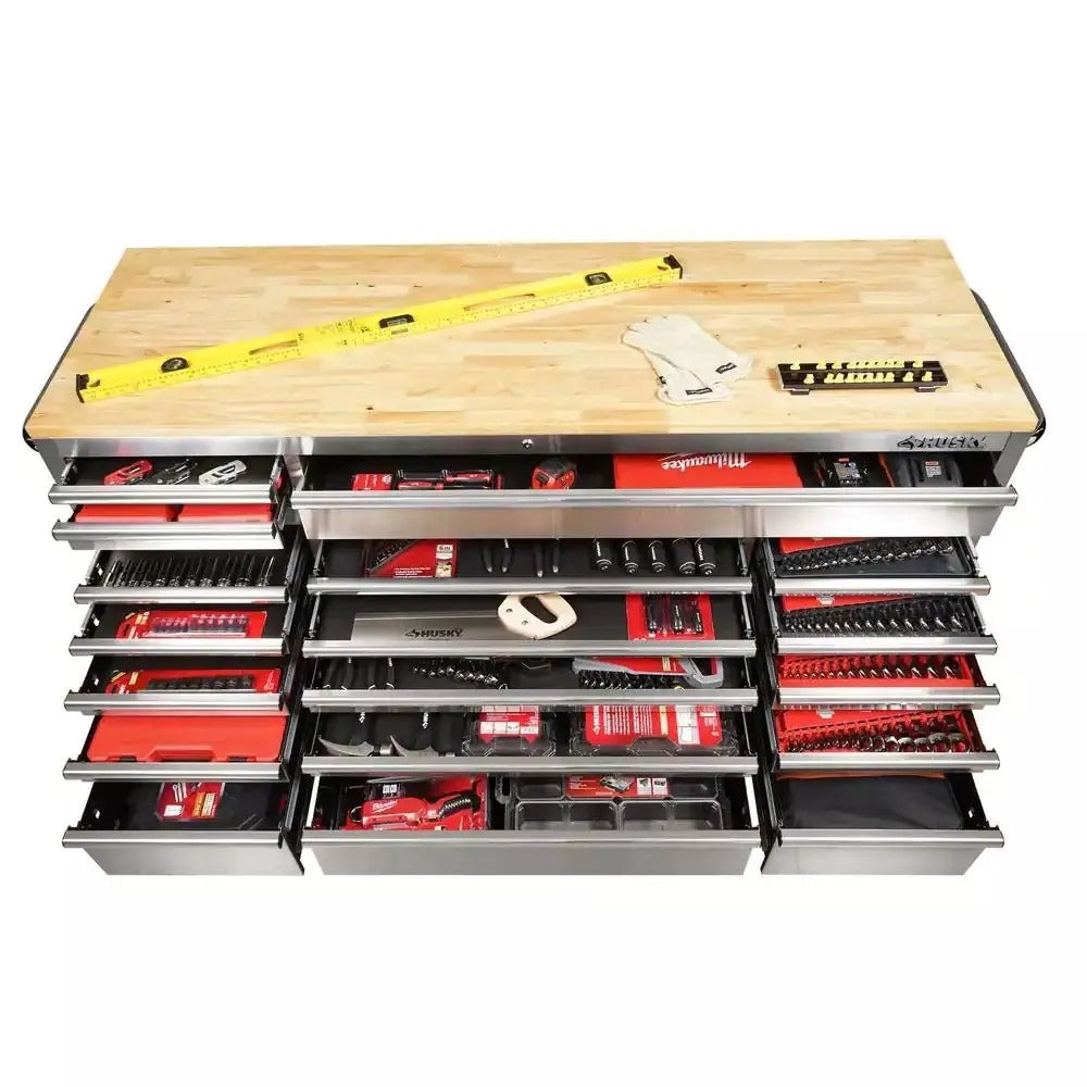 2025 72 in 18-Drawer 24 in. D Mobile Workbench with Solid Wood Top Stainless Steel