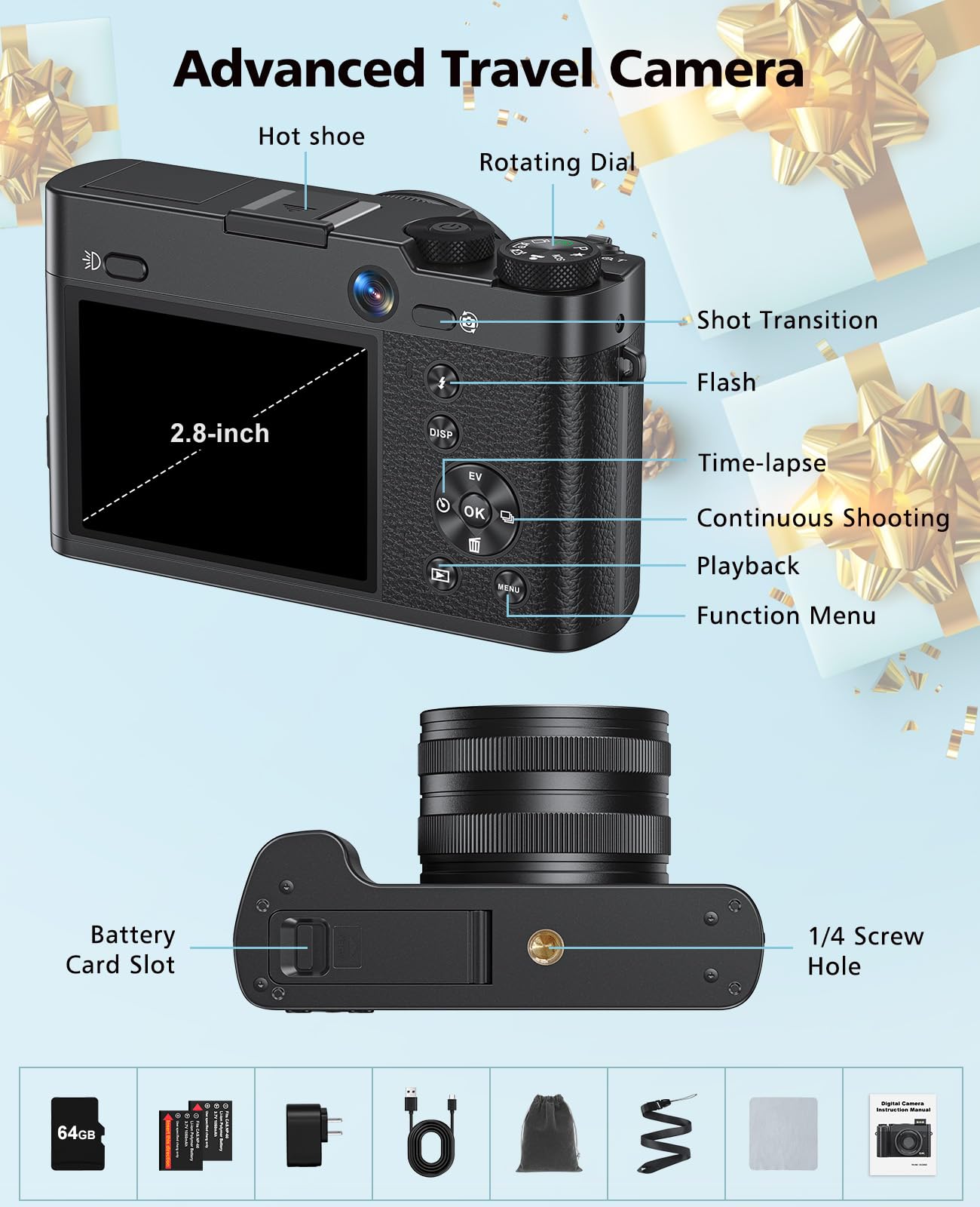 ToAuite Digital Camera, 6X Optical Zoom & WiFi, 5K 30FPS 64MP Vlogging Camera
