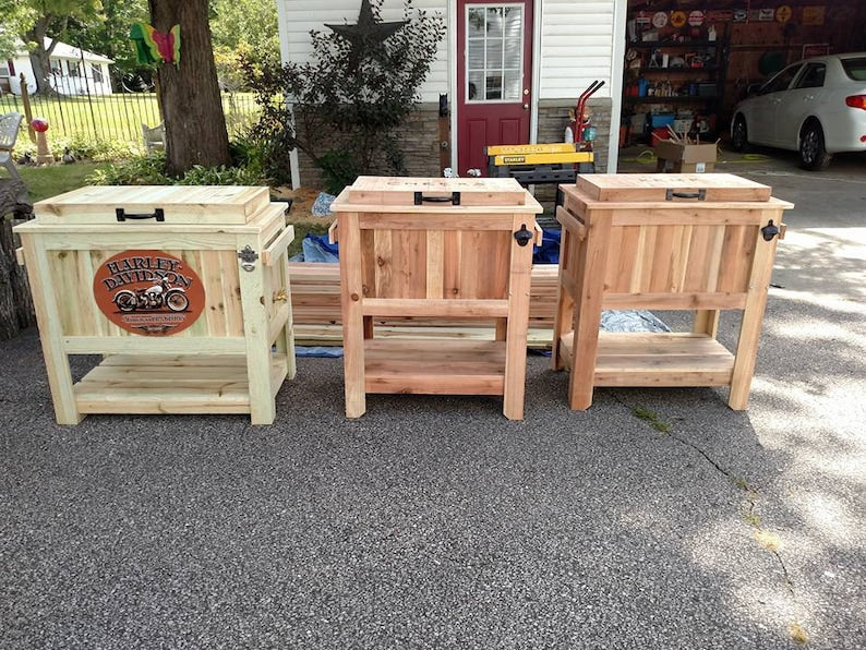 2025 All Weather 48 Quart Antiqued Cedar Cooler Stand with Brass Drain, Bottle Opener and Cap Catcher, Beer Cooler.