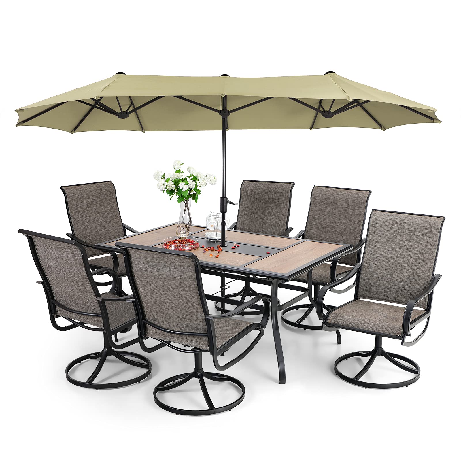 2025 8 Pieces Patio Dining Set with Umbrella,Outdoor Furniture Set with 6 Sling Dining Swivel Chairs