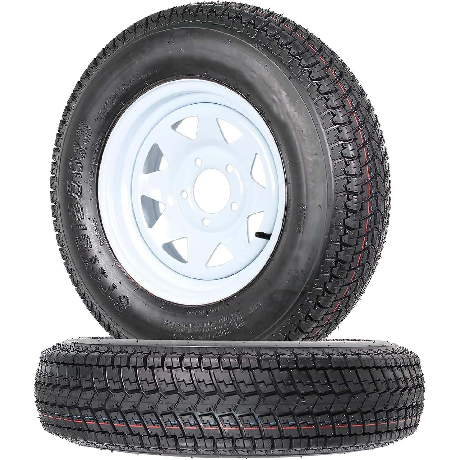 Set of 2 Trailer Tires Rims 175-80 5 Lug 6PR White Spoke Wheel Load Range C