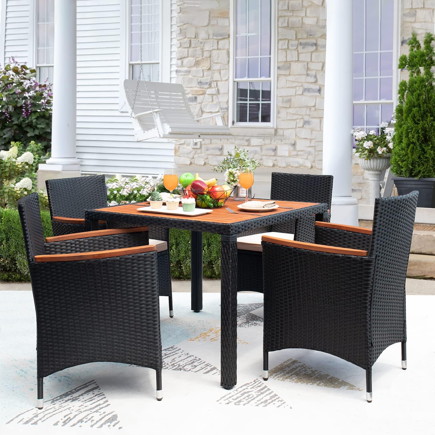 Devoko Dining 7 PCS Furniture, Patio Conversation Set with Acacia Wood Table Top, Rattan Outdoor, Black