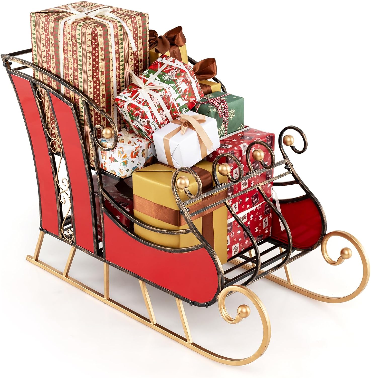 2025 Tangkula Metal Christmas Santa Sleigh Basket, Xmas Festival Holiday Decorative Santas Sleigh with 2-Tier Storage Shelf, Indoor Outdoor Christmas Decoration
