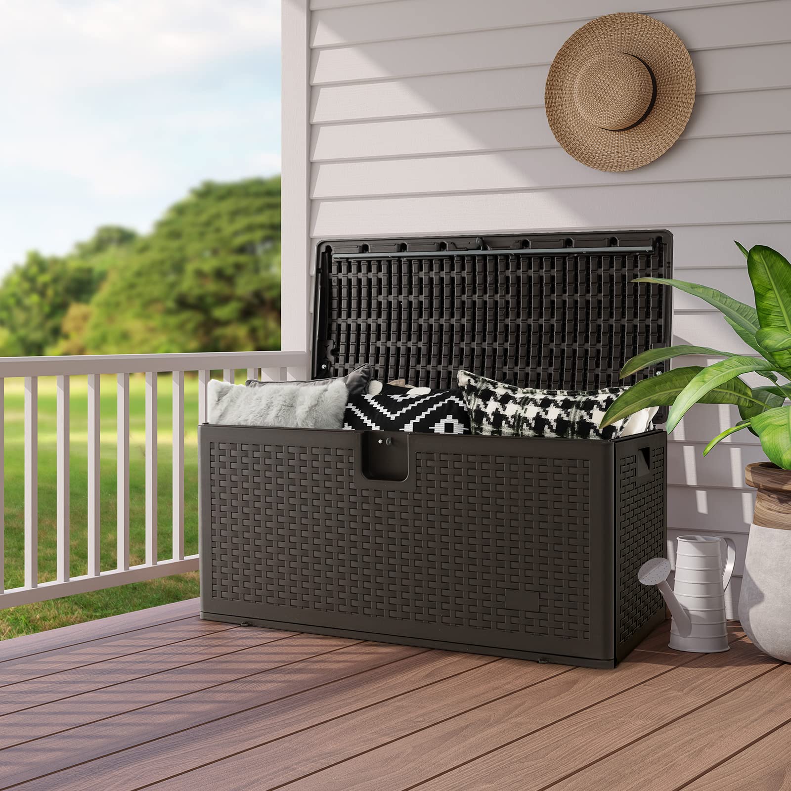 Outdoor Storage Box, 31 73 100 Gallon Waterproof Resin Patio Storage Box with Lockable Lid, Side Handle for Pillows, Cushions