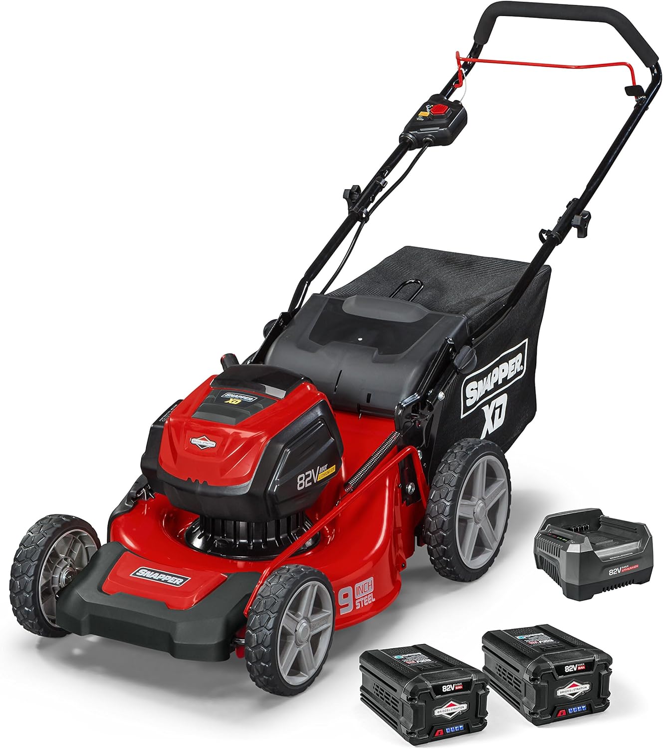 82V MAX 21′′ Electric Cordless Lawn Mower, Steel Deck, 3-in-1 Design, Red/Black