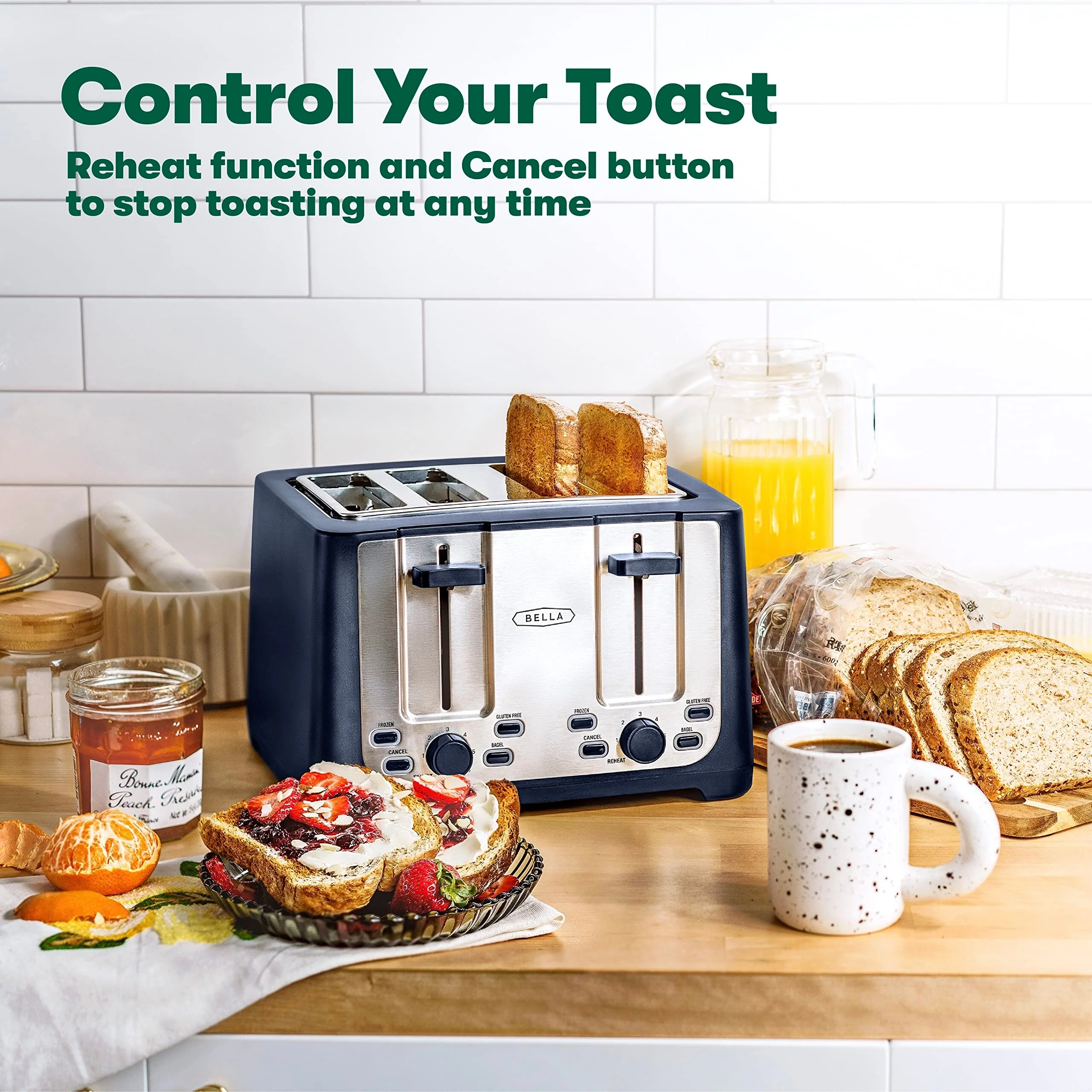 4 Slice Toaster with Auto Shut Off - Extra Wide Slots & Removable Crumb Tray and Cancel, Defrost & Reheat Function