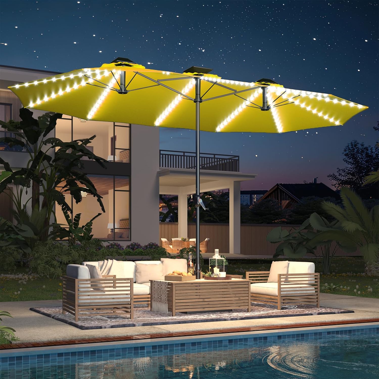 15ft Patio Umbrella with Solar Lights, Large Double Umbrella Outdoor, Rectangle 180''x106'' Umbrellas with 156 PCS LED Lights and Crank Handle for Backyard Deck Pool Shade in Black(1.9