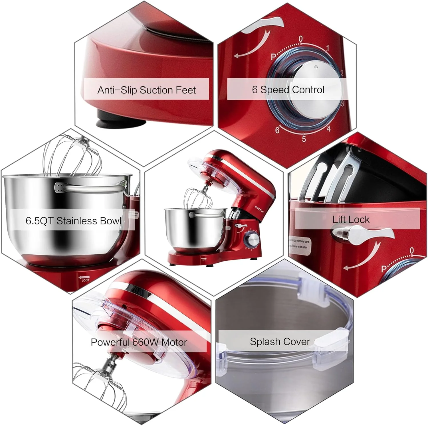 Aucma Stand Mixer,6.5-QT 660W 6-Speed Tilt-Head Food Mixer, Kitchen Electric Mixer with Dough Hook