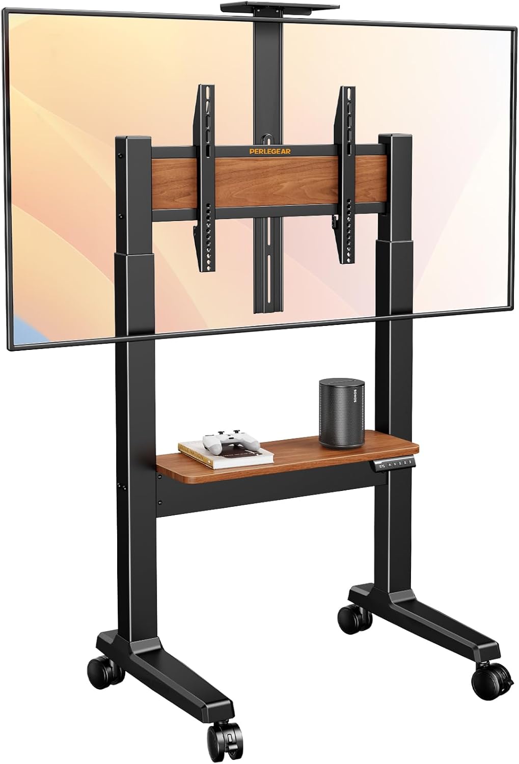 Motorized Mobile TV Stand on Wheels for 37–86 Inch TVs up to 154 lbs, Electric Height Adjustable Rolling TV Stand, VESA 200x200–600x400mm, Wooden Shelf & Panel, PGTVMC26B