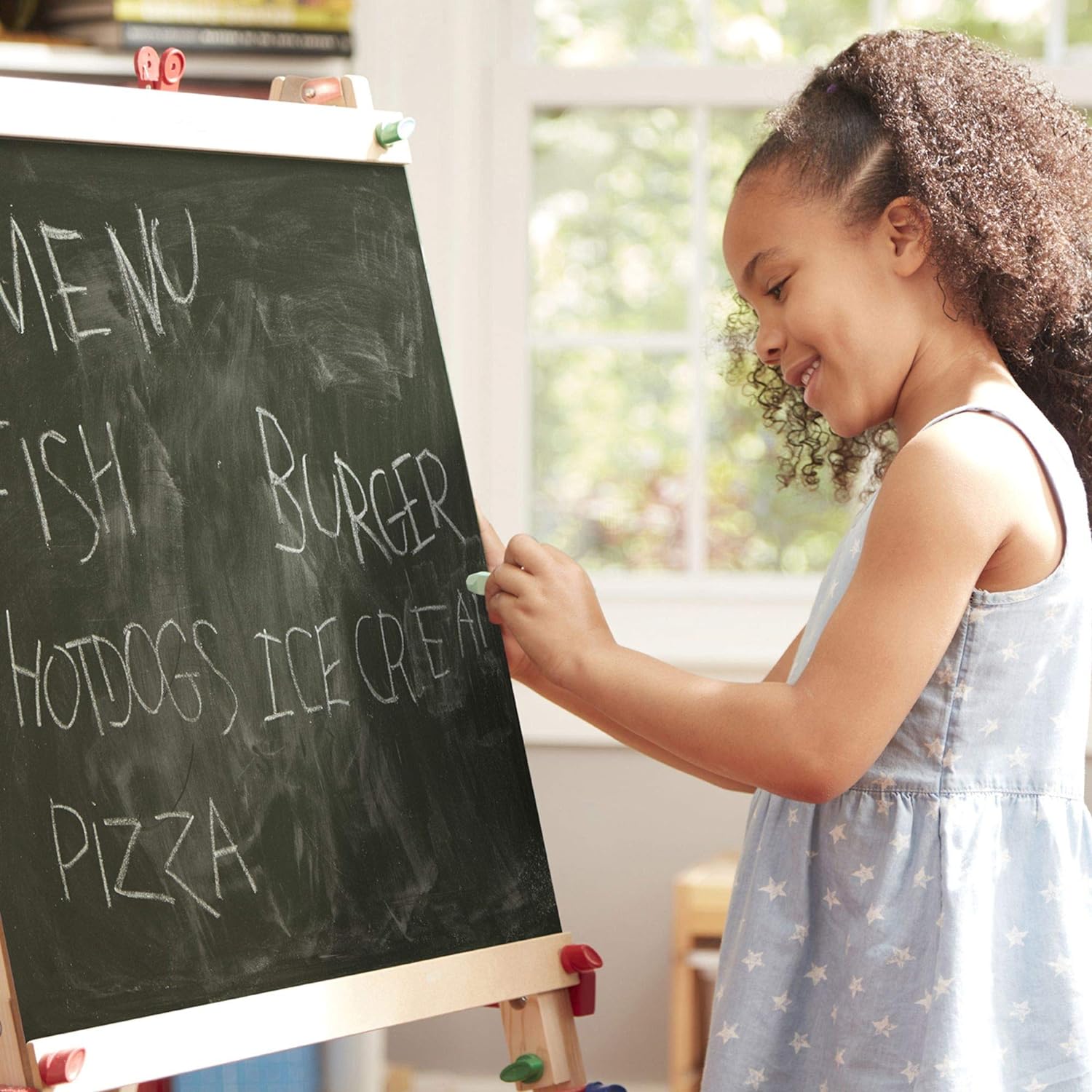 Deluxe Standing Art Easel - Ages 3 - 7, Dry Erase Board, Chalkboard, Rolling Paper Tube