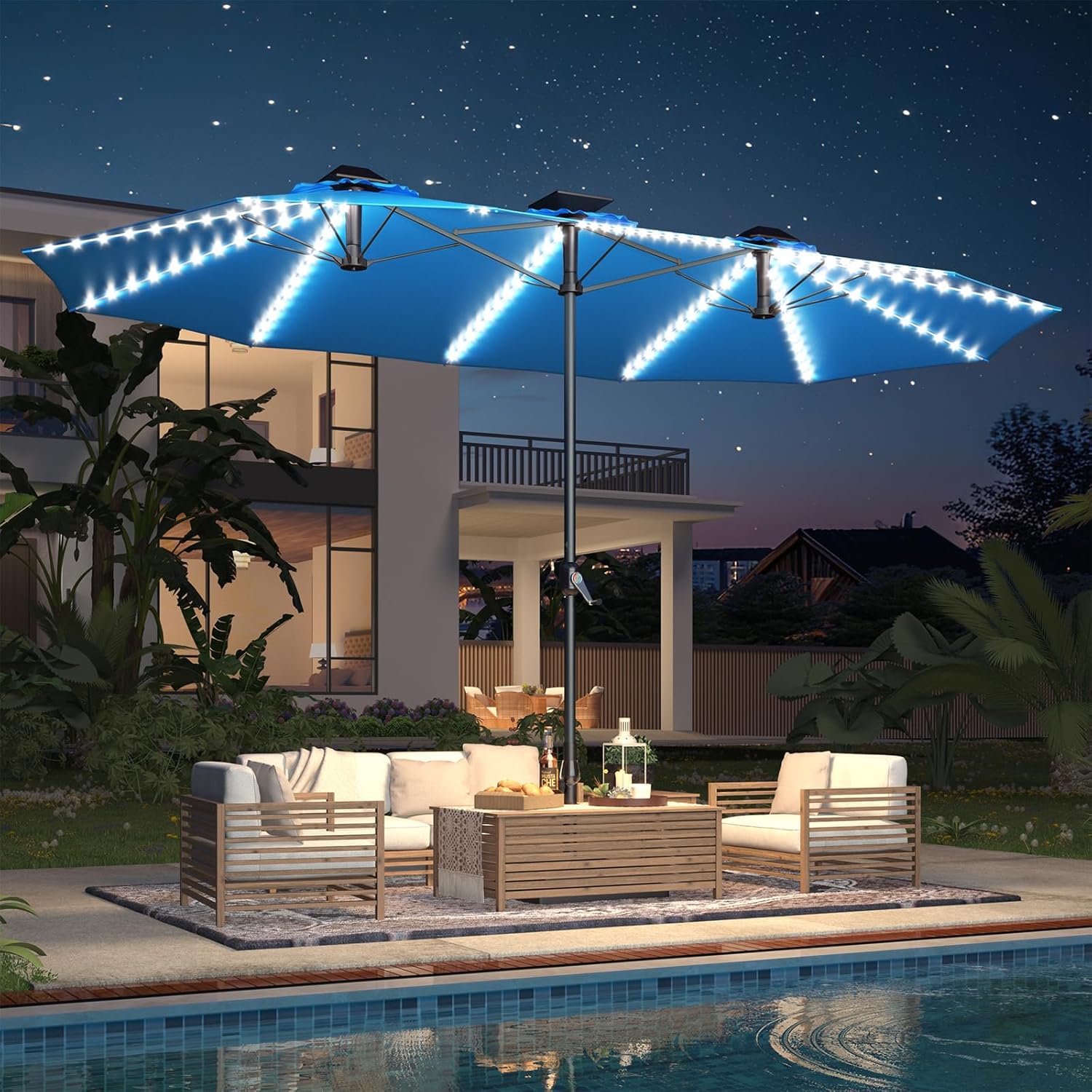 15ft Patio Umbrella with Solar Lights, Large Double Umbrella Outdoor, Rectangle 180''x106'' Umbrellas with 156 PCS LED Lights and Crank Handle for Backyard Deck Pool Shade in Black(1.9