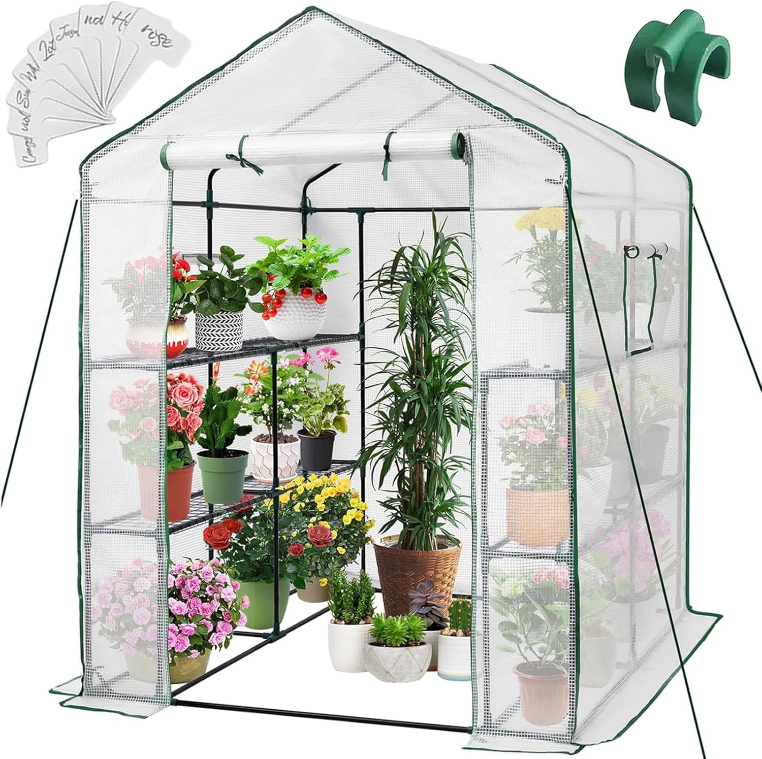 Greenhouse, 57 x 85 x 76'' Greenhouses for Outdoors, Portable Greenhouse Kit with Mesh Side Windows, PE Cover, 8 Shelves, Heavy Duty Walk in Green House for Backyard Garden Indoor Outside