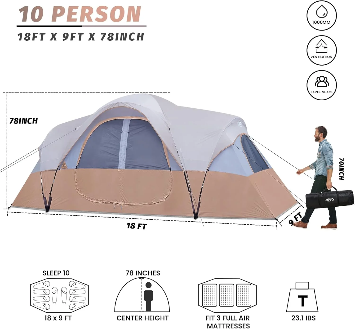 Camping Tent 10-Person-Family Tents, Parties, Music Festival Tent, Big, Easy Up, 5 Large Mesh Windows, Double Layer, 2 Room, Waterproof, Weather Resistant, 18ft x 9ft x78in