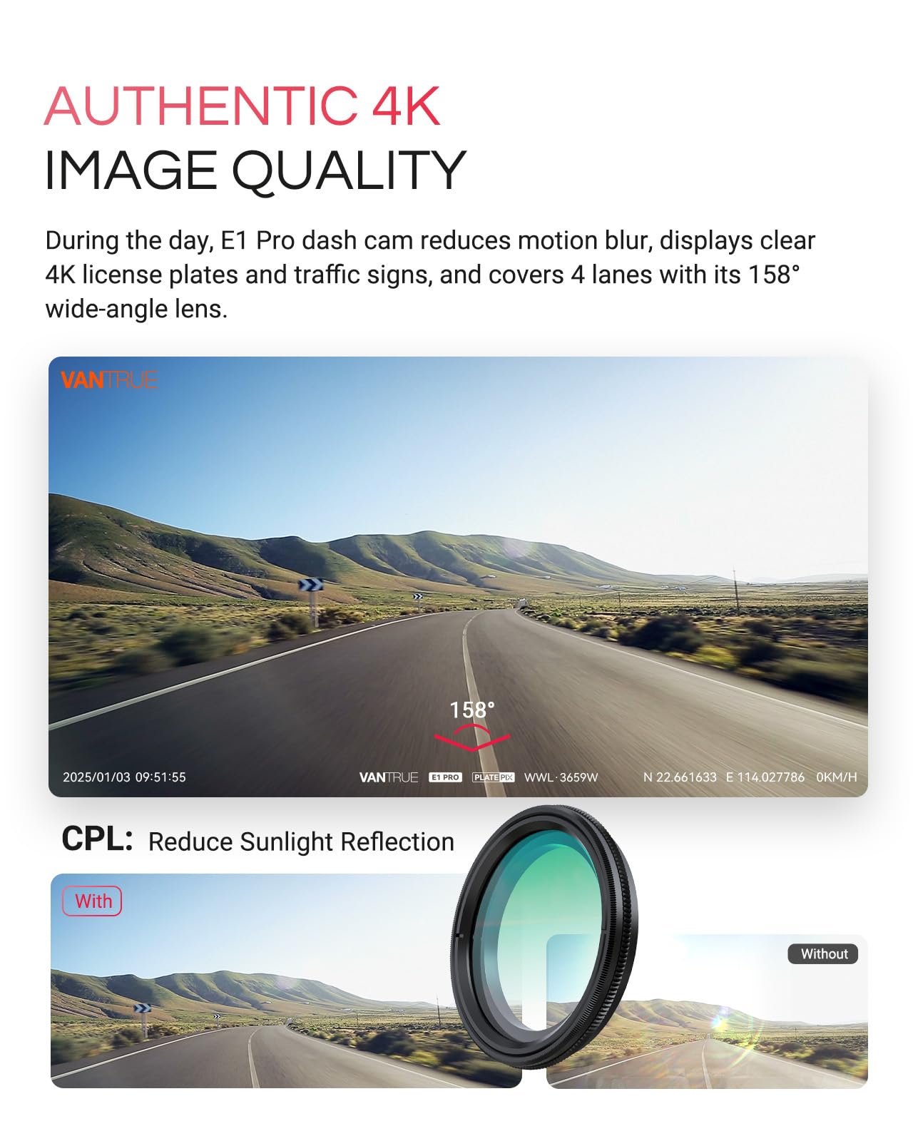 Vantrue E1 Pro 4K Mini Dash Cam Front, STARVIS 2 PlatePix HDR Night Vision