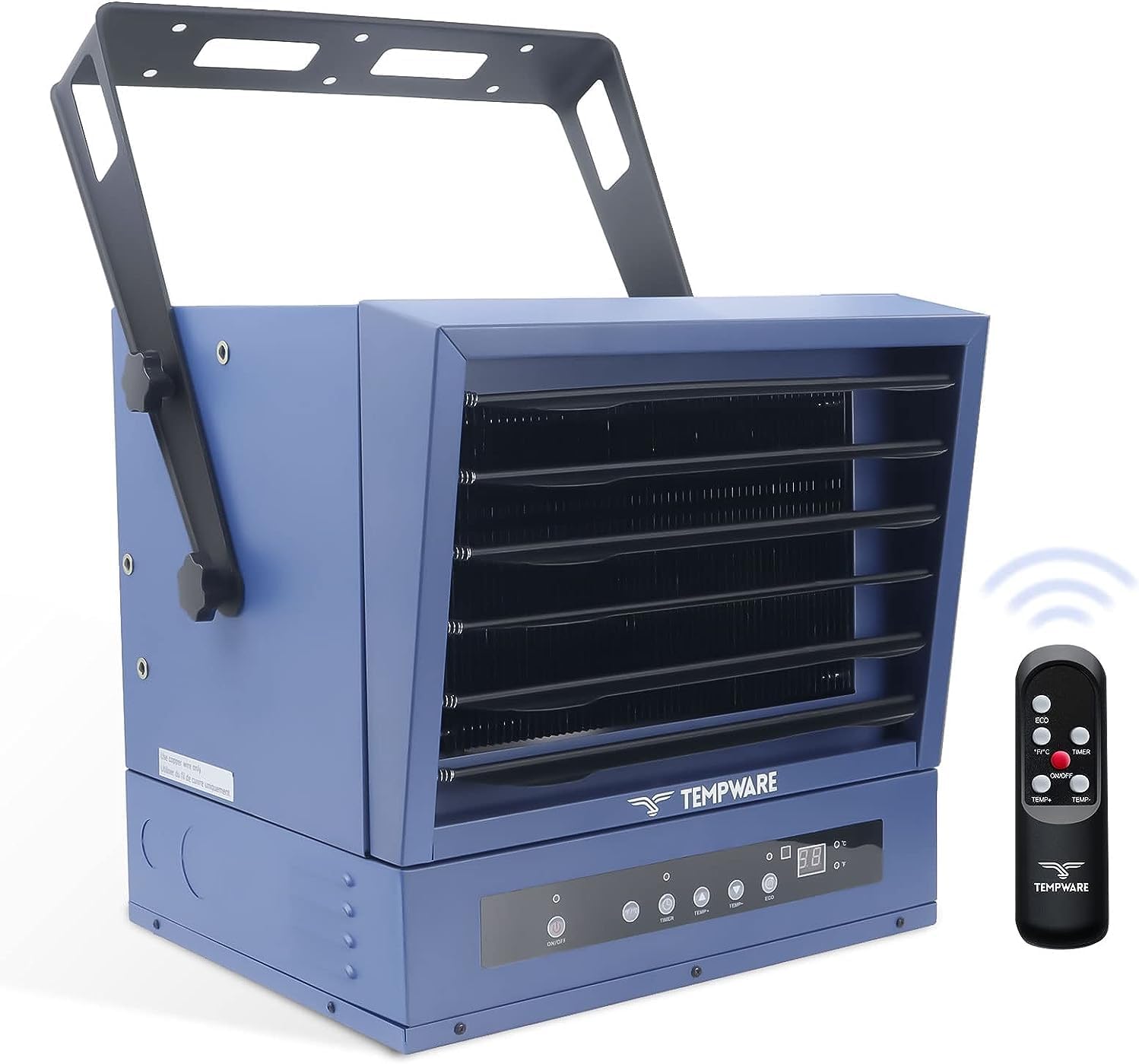 Electric vehicle garage heater, 7500-watt digital display fan-driven ceiling-mounted work area heater, featuring full-function remote control, 240-volt wired installation, with a 12-hour timer, is highly suitable for use in workplaces.