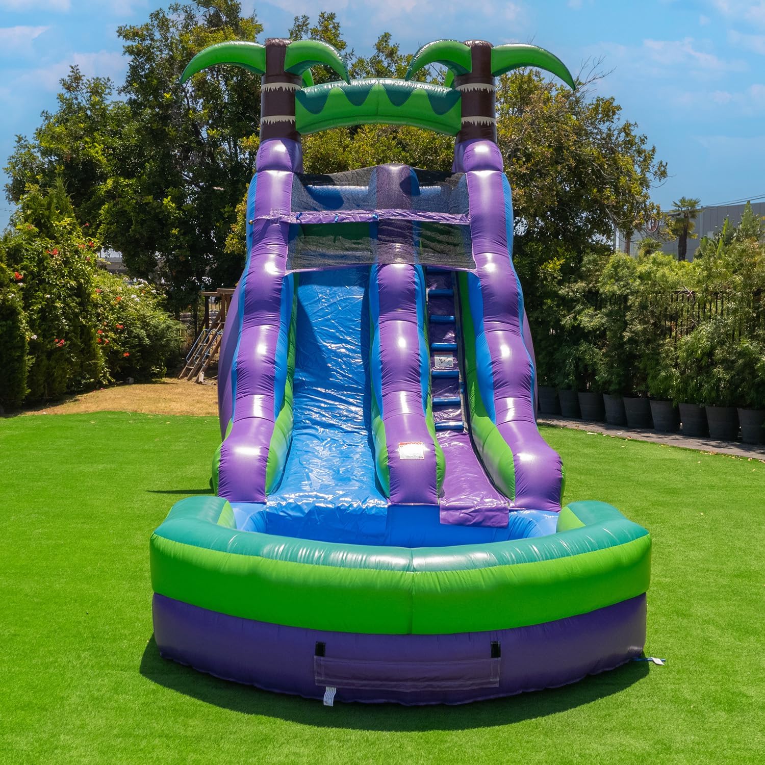16�� Purple Tropical Lightweight Premium Commercial Grade Water Slide Inflatable with Attached Pool for Kids and Adults (with Blower), Wet Dry Use, Summer Fun