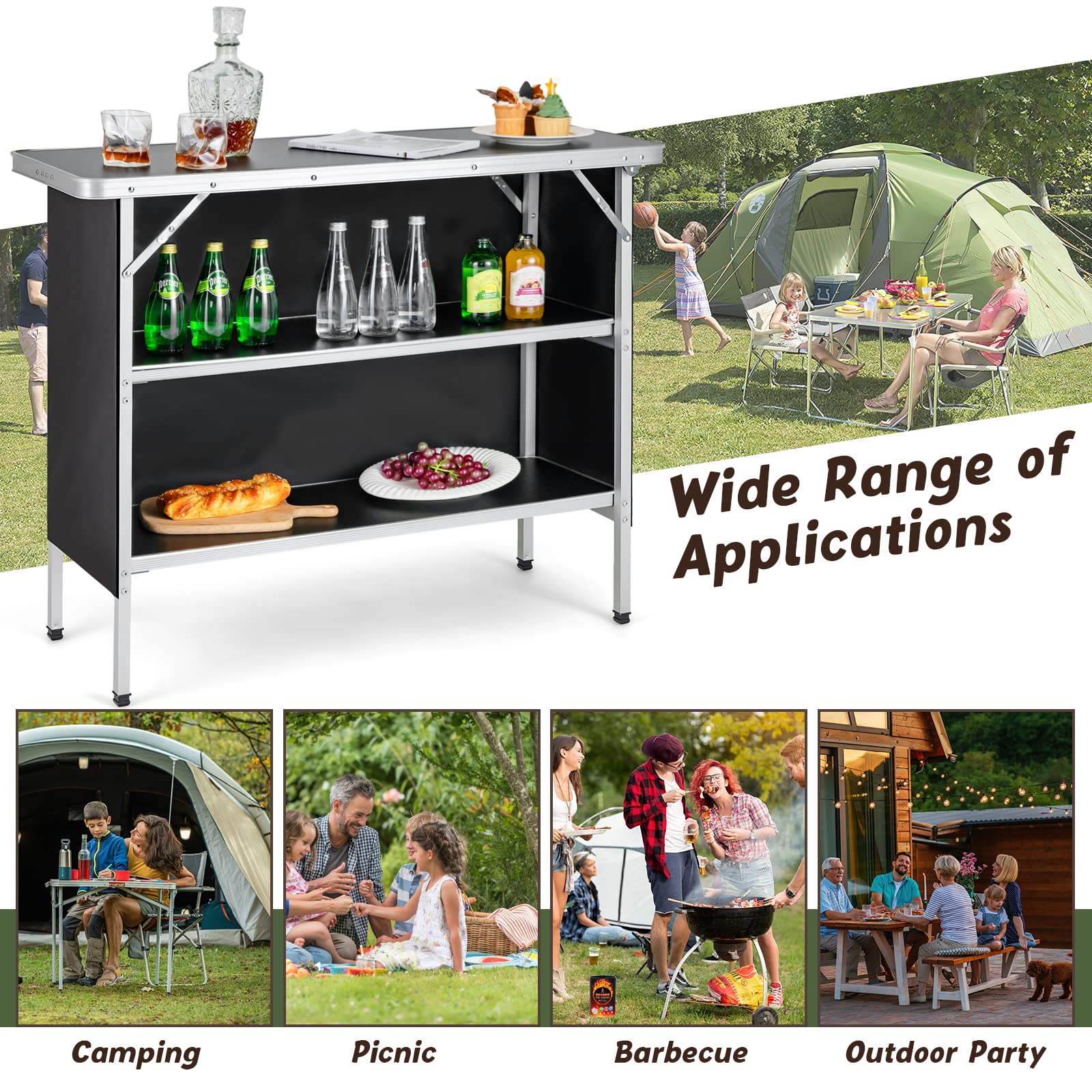 2025 Goplus Folding Camping Table, Aluminum Portable Pop-Up Bar Table with 2-Tier Storage Shelves