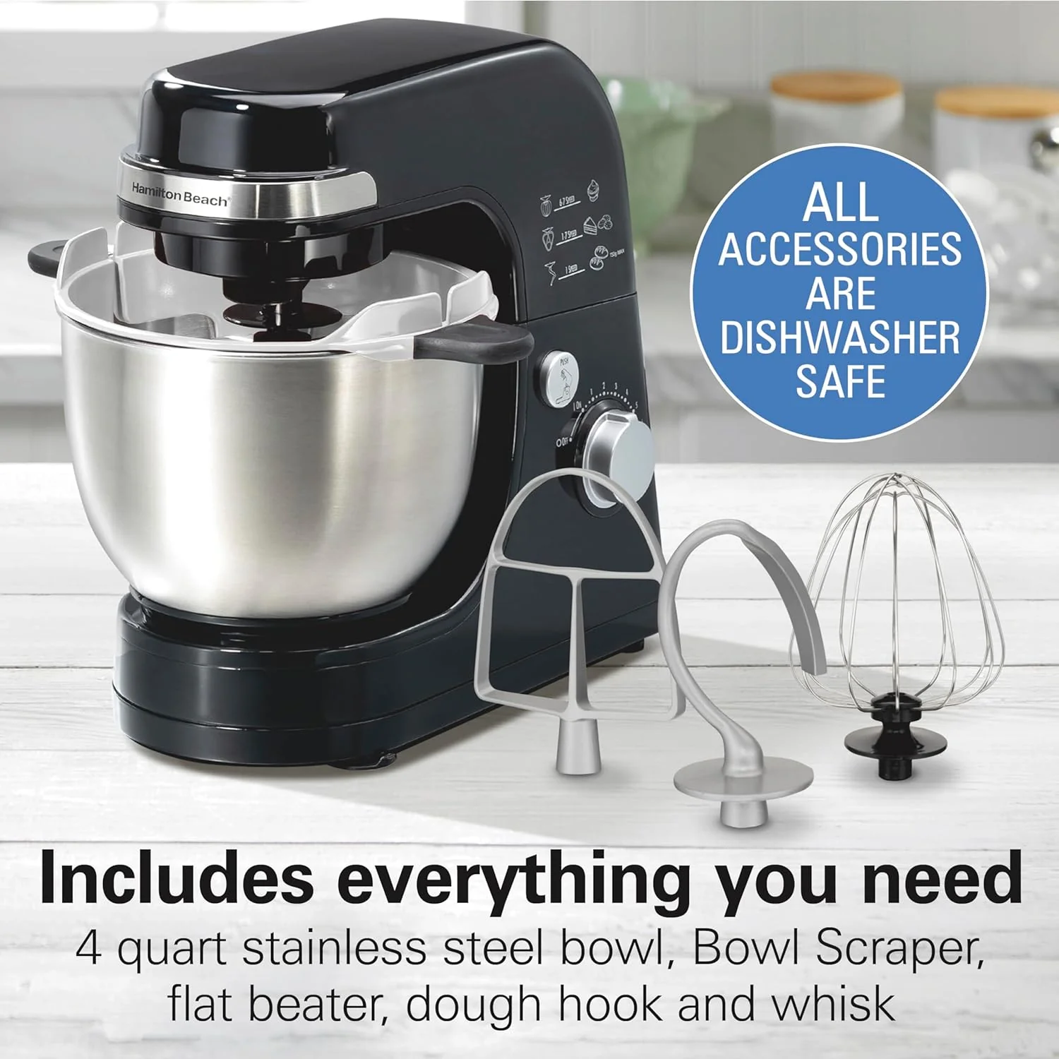 Hamilton Beach Electric Stand Mixer, 4 Quarts, Dough Hook, Flat Beater Attachments, Splash Guard 7 Speeds with Whisk, Black