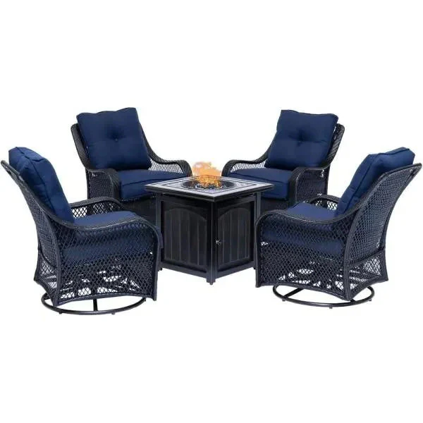 2025 5-Piece Steel Patio Fire Pit Conversation Set with Navy Blue Cushions, Swivel Gliders and Square Fire Pit Table