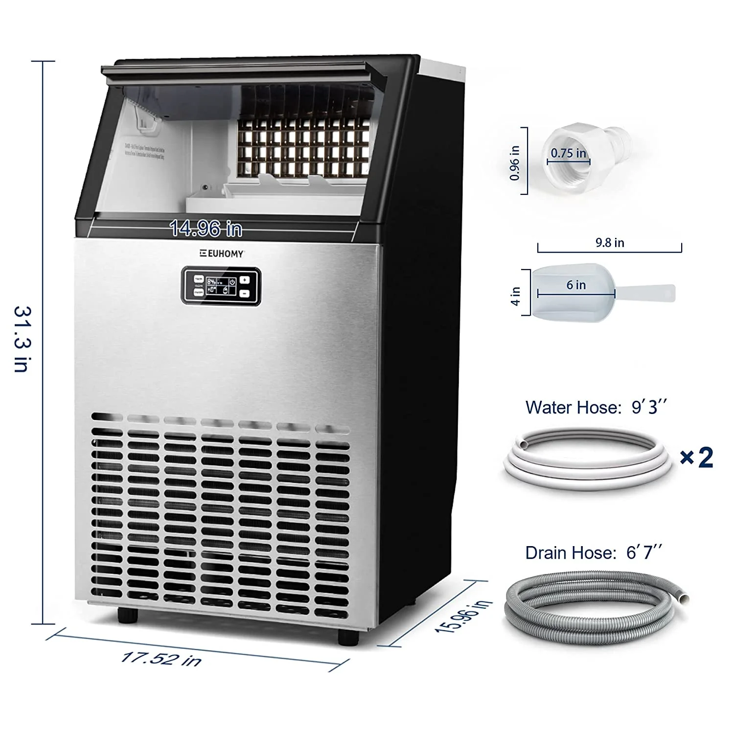 2025 Euhomy Commercial Ice Machine, 2 Way Water Supply 100lbs/24H Stainless Steel Under Counter ice Machine with 33lbs Capacity