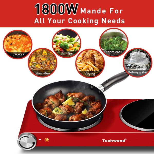 1800W Electric Dual Hot Plate, Countertop Stove Double Burner for Cooking, Infrared Ceramic Hot Plates Double Cooktop, Red, Brushed Stainless Steel Easy To Clean Upgraded Version, Red