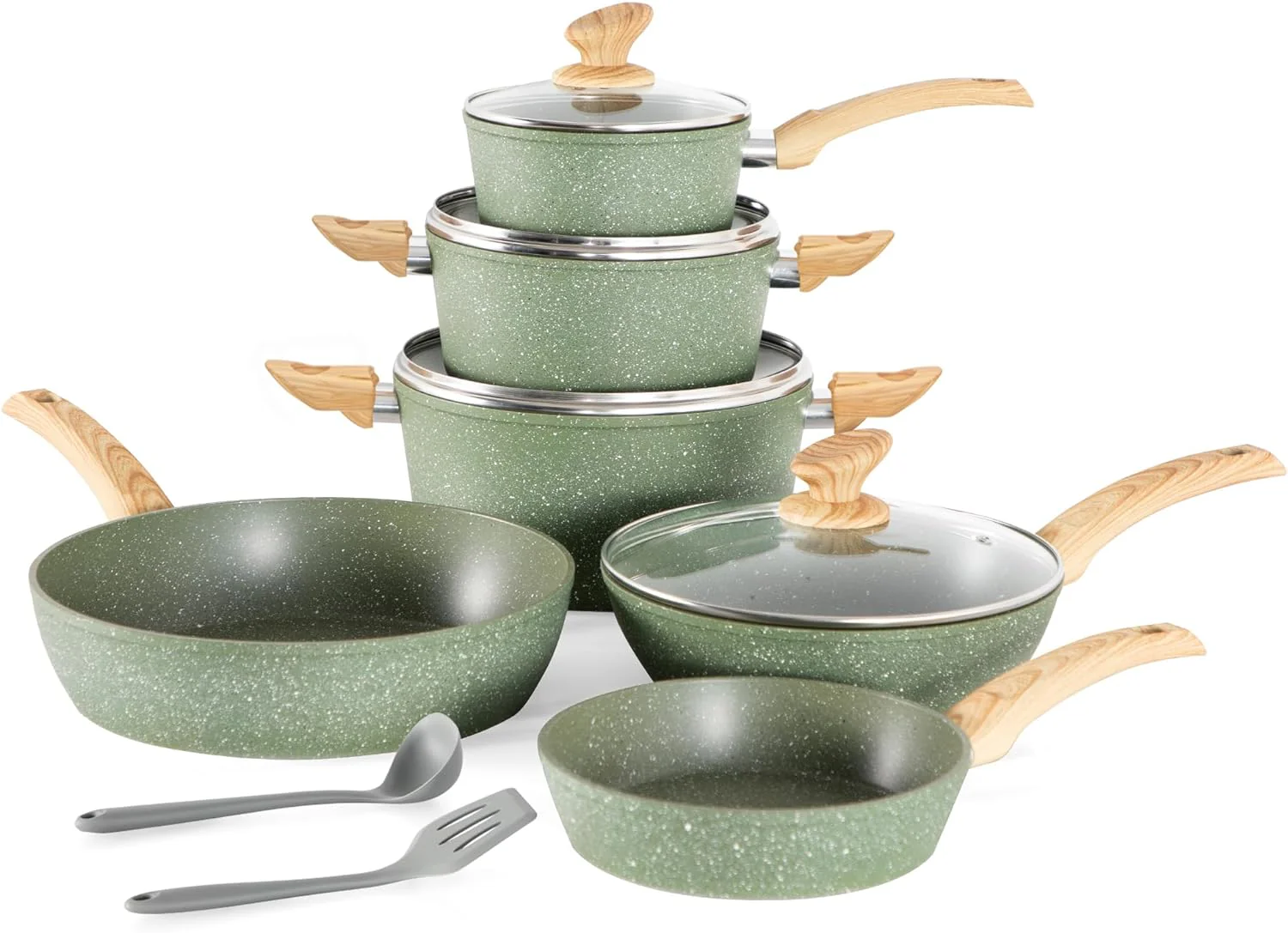 2025 2025 Kitchen Academy Induction Cookware Sets - 12 Piece Green Cooking Pan Set, Granite Nonstick Pots and Pans Set