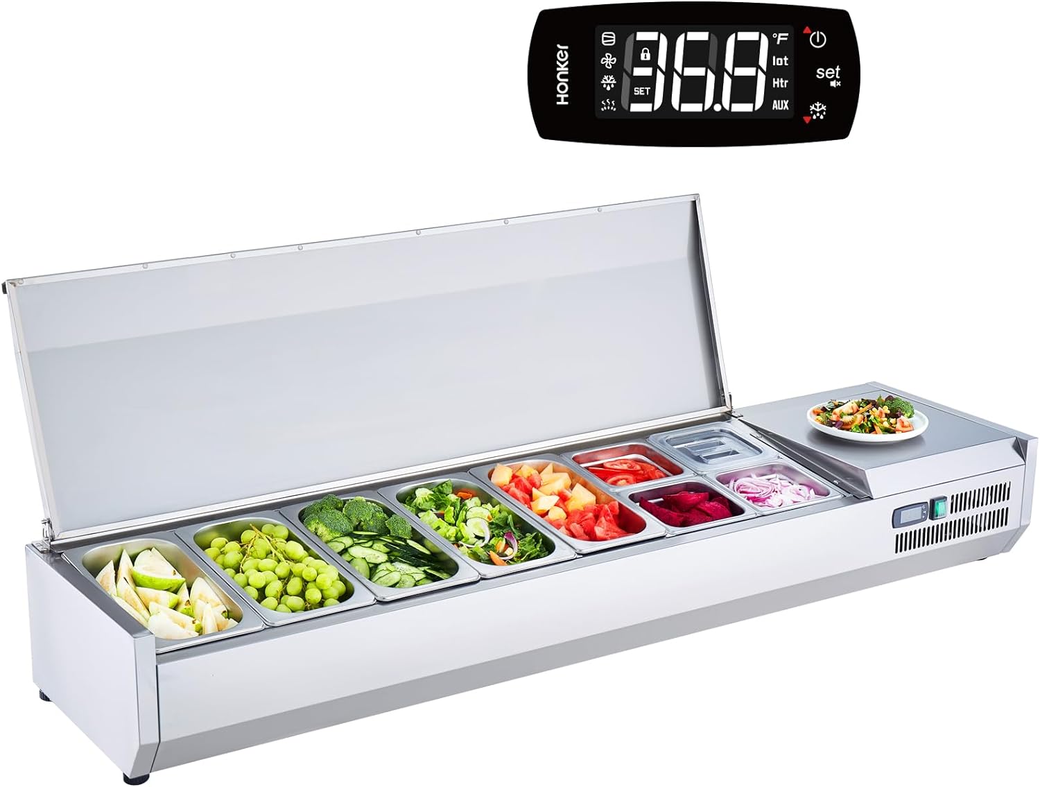 Refrigerated Condiment Prep Station, 135 W Countertop Refrigerated Condiment Station, with 2 1/3 Pans & 4 1/6 Pans, 304 Stainless Body and PC Lid, Sandwich Prep Table with Stainless Guard, ETL