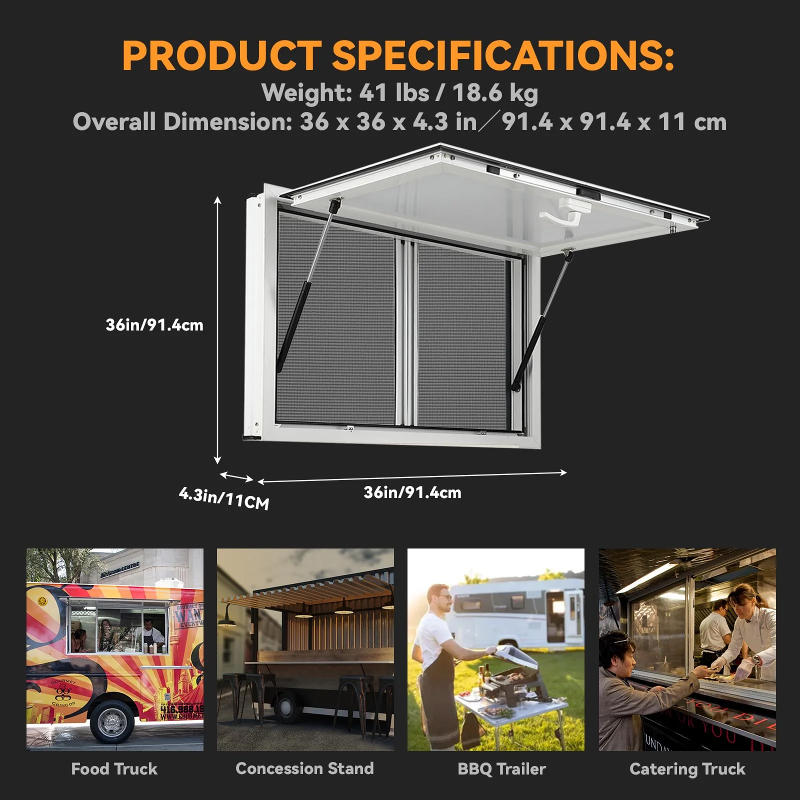 Concession Window 36W x 36H Aluminum Alloy Food Truck Service Window with Sliding Screens & Awning Door, Hydraulic Lift, Locking Mechanism, Versatile for Catering