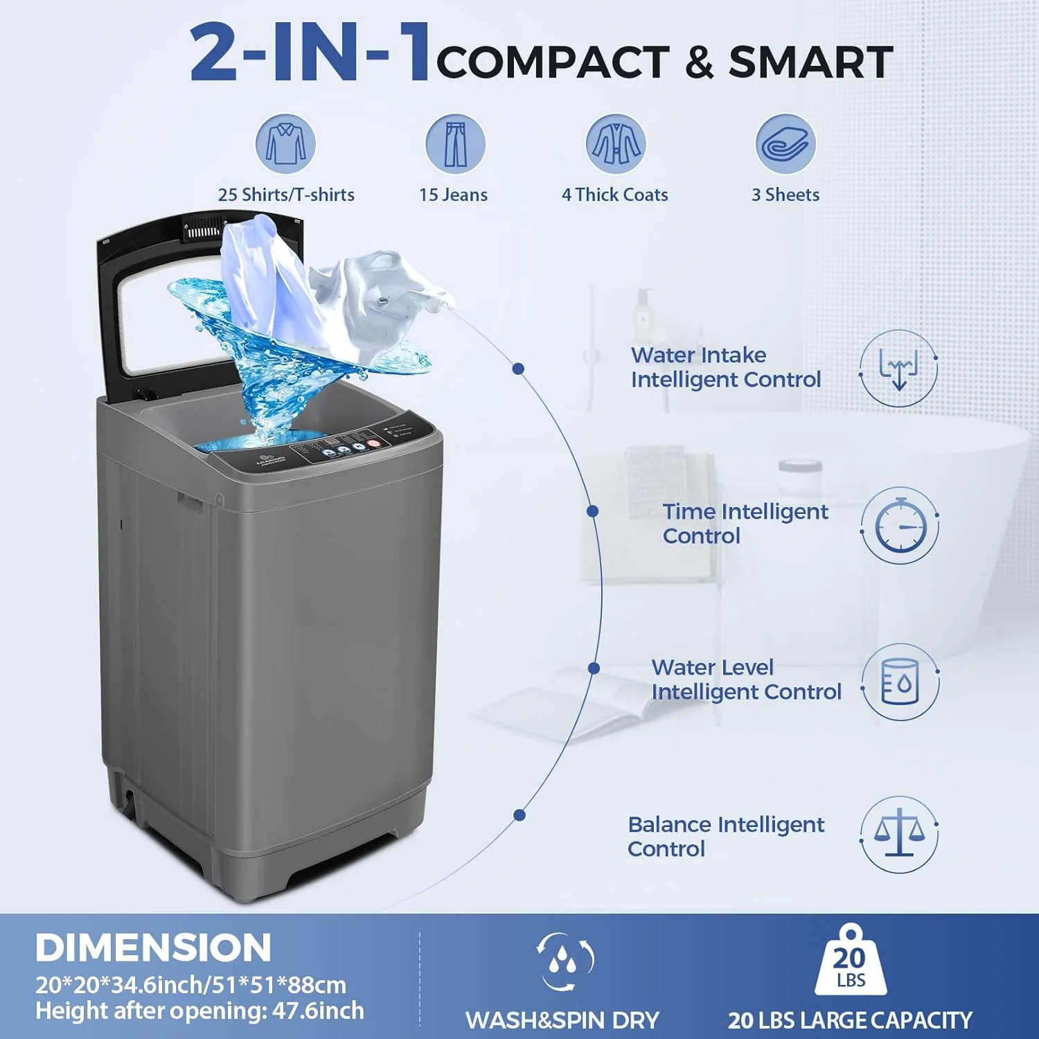 2025 Portable Washing Machine, 20Lbs Capacity Full-Automatic Portable Washer Machine, 2.8Cu.ft Washer and Dryer Combo with Drain Pump, 10 Programs & 8 Water Levels for Apartment, Dorms, RV