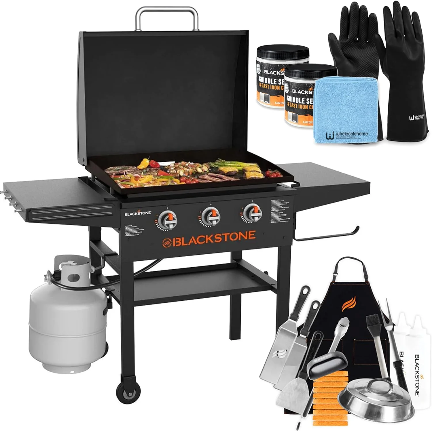 2025 28 Inch Blackstone Griddle 2080 with Hood XL Griddle Original 3-Burner Outdoor Flat Top Grill, with Blackstone Griddle Accessories, Seasoning, and Wholesalehome Gloves and Cloth