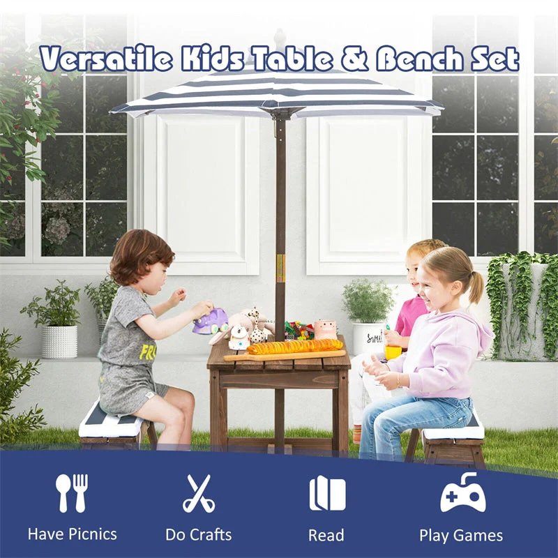 2025 Wooden Kids Picnic Table Bench Set Children Outdoor Activity Table with Cushions & Height Adjustable Umbrella