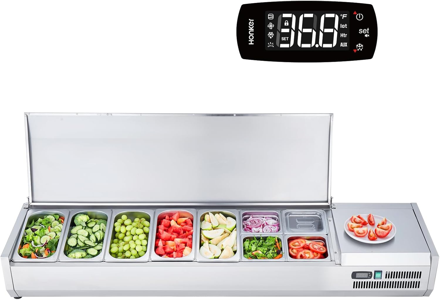 Refrigerated Condiment Prep Station, 135 W Countertop Refrigerated Condiment Station, with 2 1/3 Pans & 4 1/6 Pans, 304 Stainless Body and PC Lid, Sandwich Prep Table with Stainless Guard, ETL