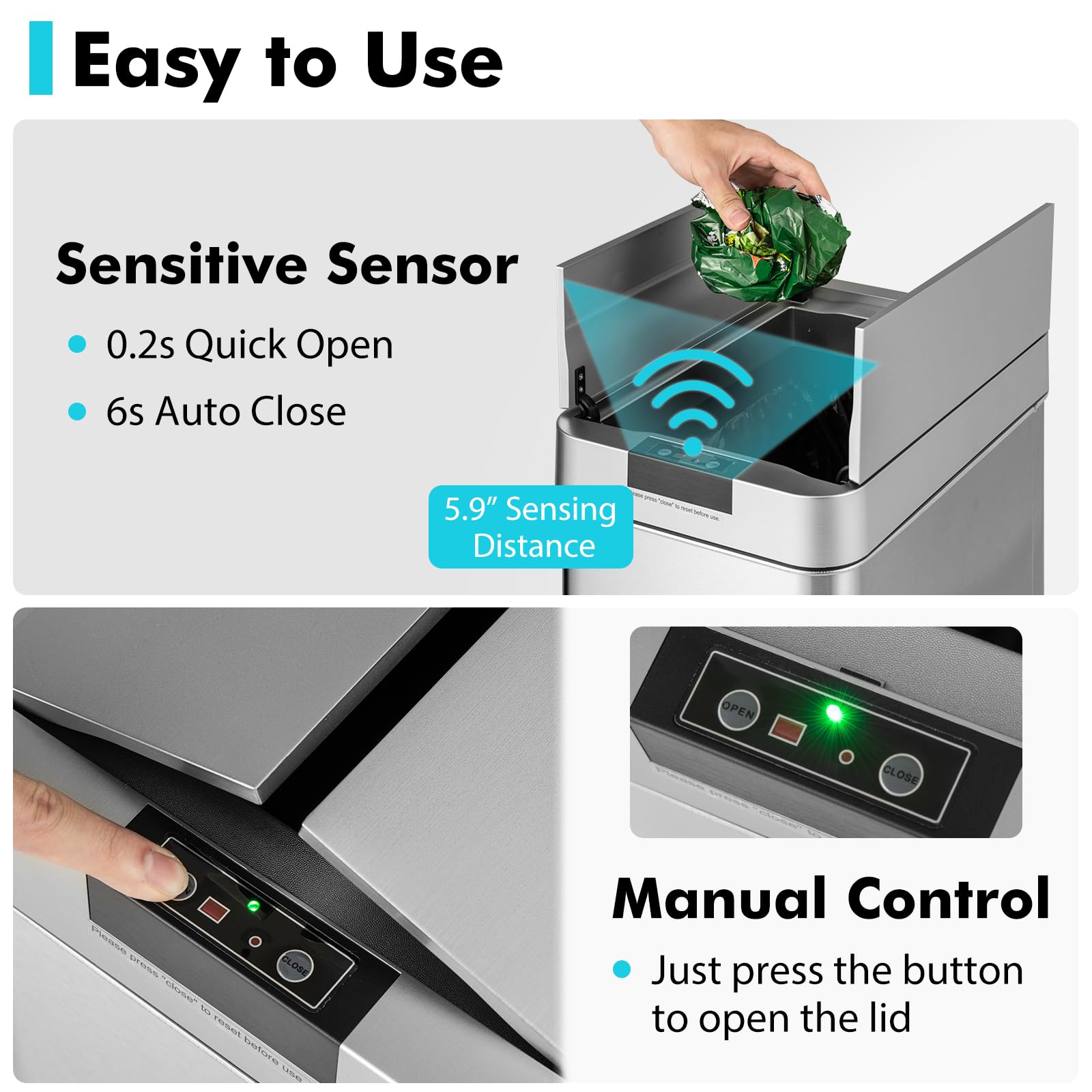 Slim Kitchen Trash Can, 13.2 Gallon Motion Sensor Garbage Bin with Wing Lids, Anti-Fingerprint Touchless Waste Bin