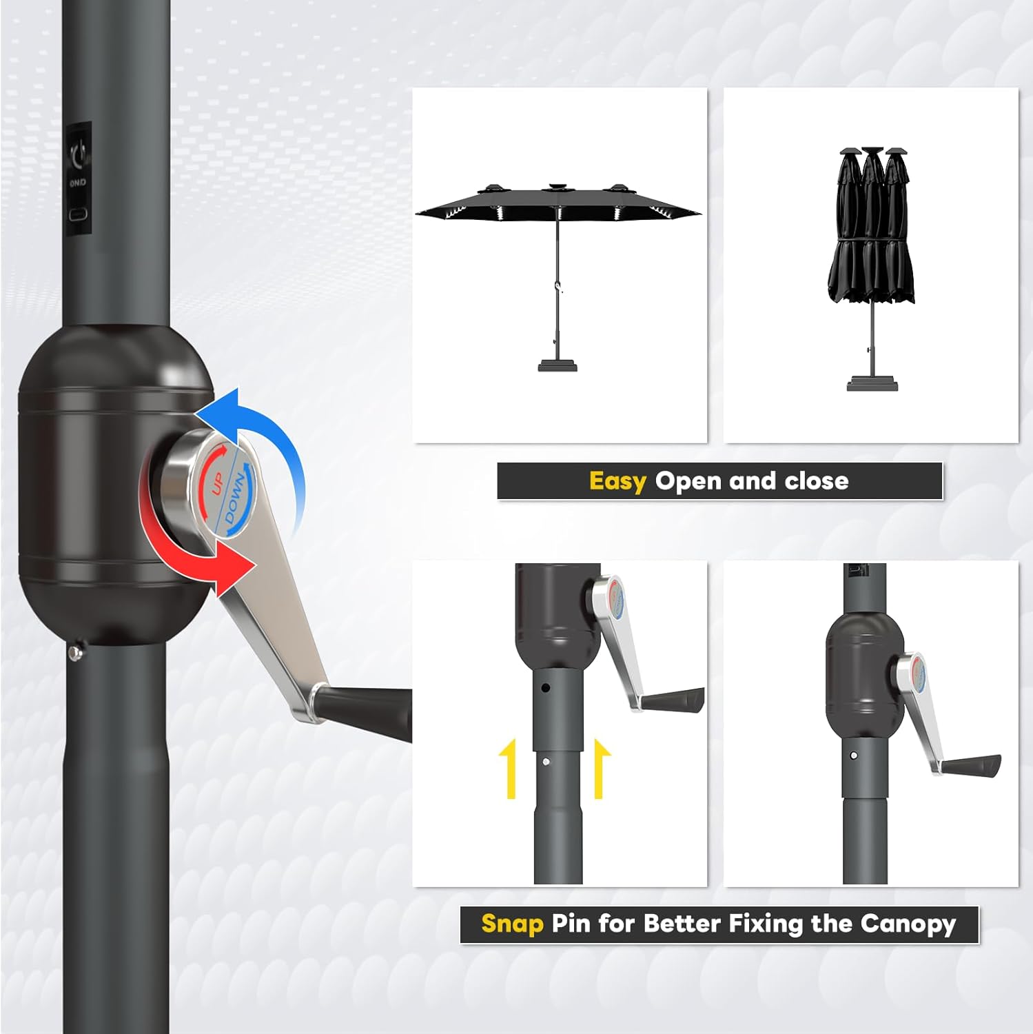 15ft Patio Umbrella with Solar Lights, Large Double Umbrella Outdoor, Rectangle 180''x106'' Umbrellas with 156 PCS LED Lights and Crank Handle for Backyard Deck Pool Shade in Black(1.9